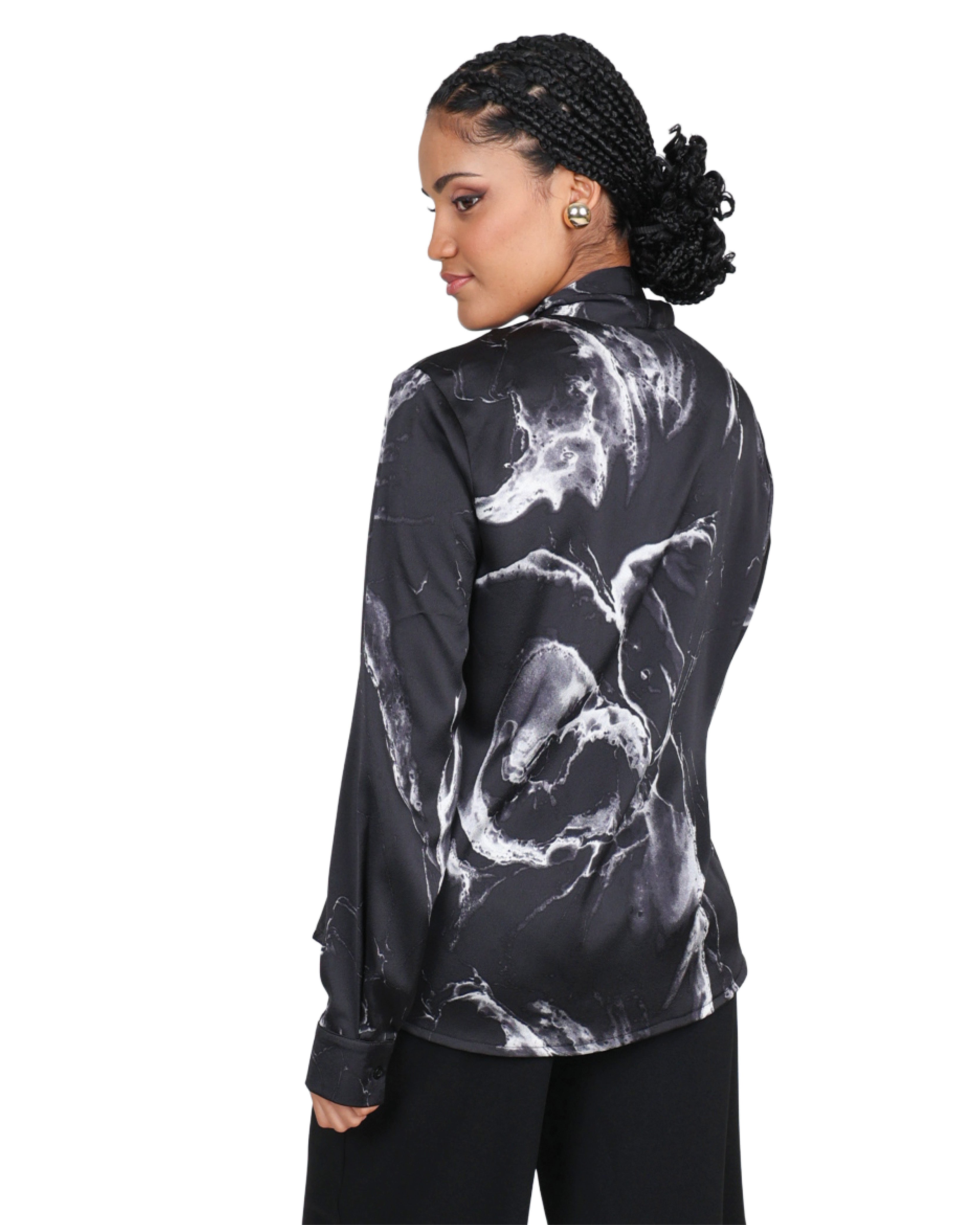 Abstract Monochrome Print Long Sleeve Kitty Bow Blouse