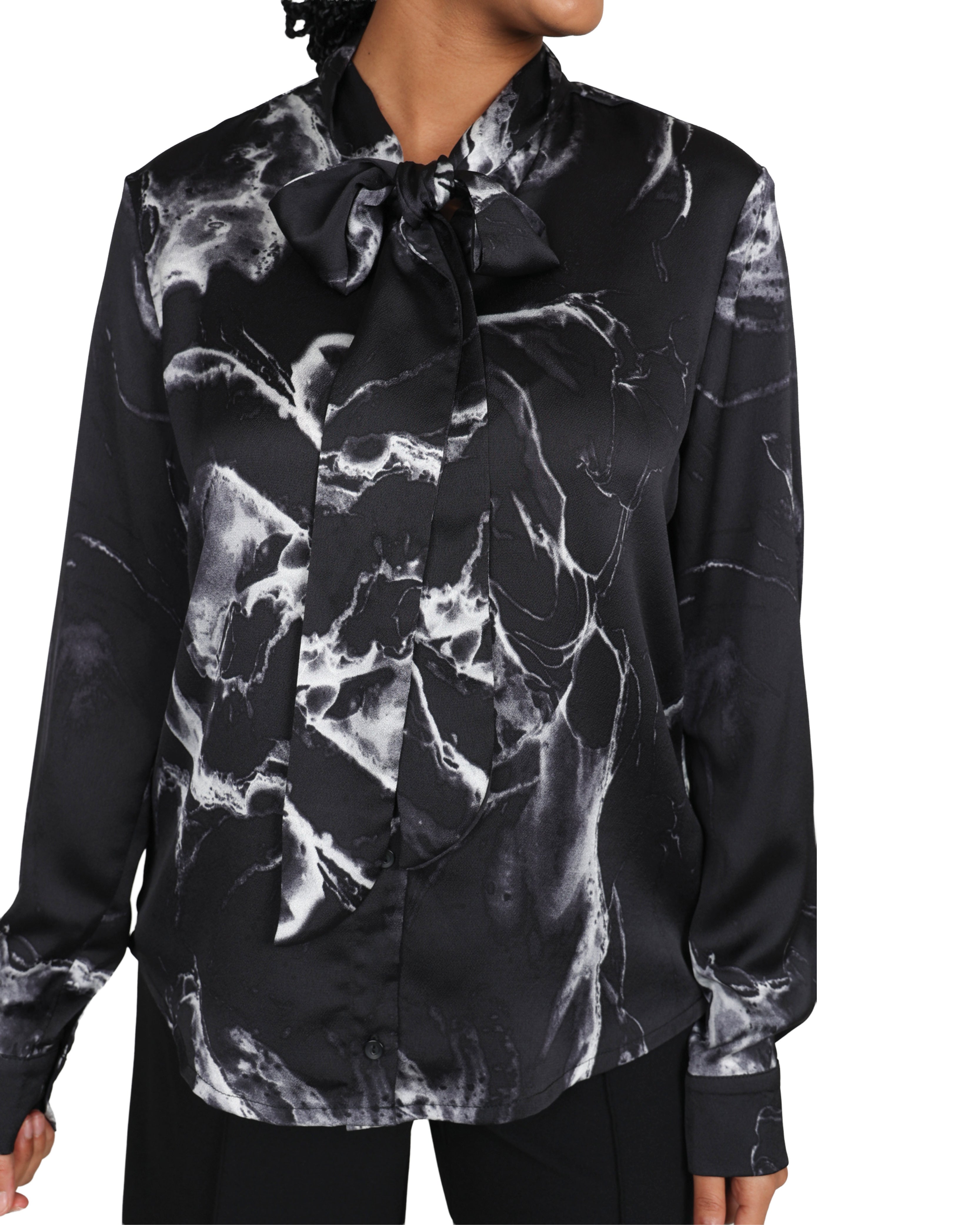 Abstract Monochrome Print Long Sleeve Kitty Bow Blouse
