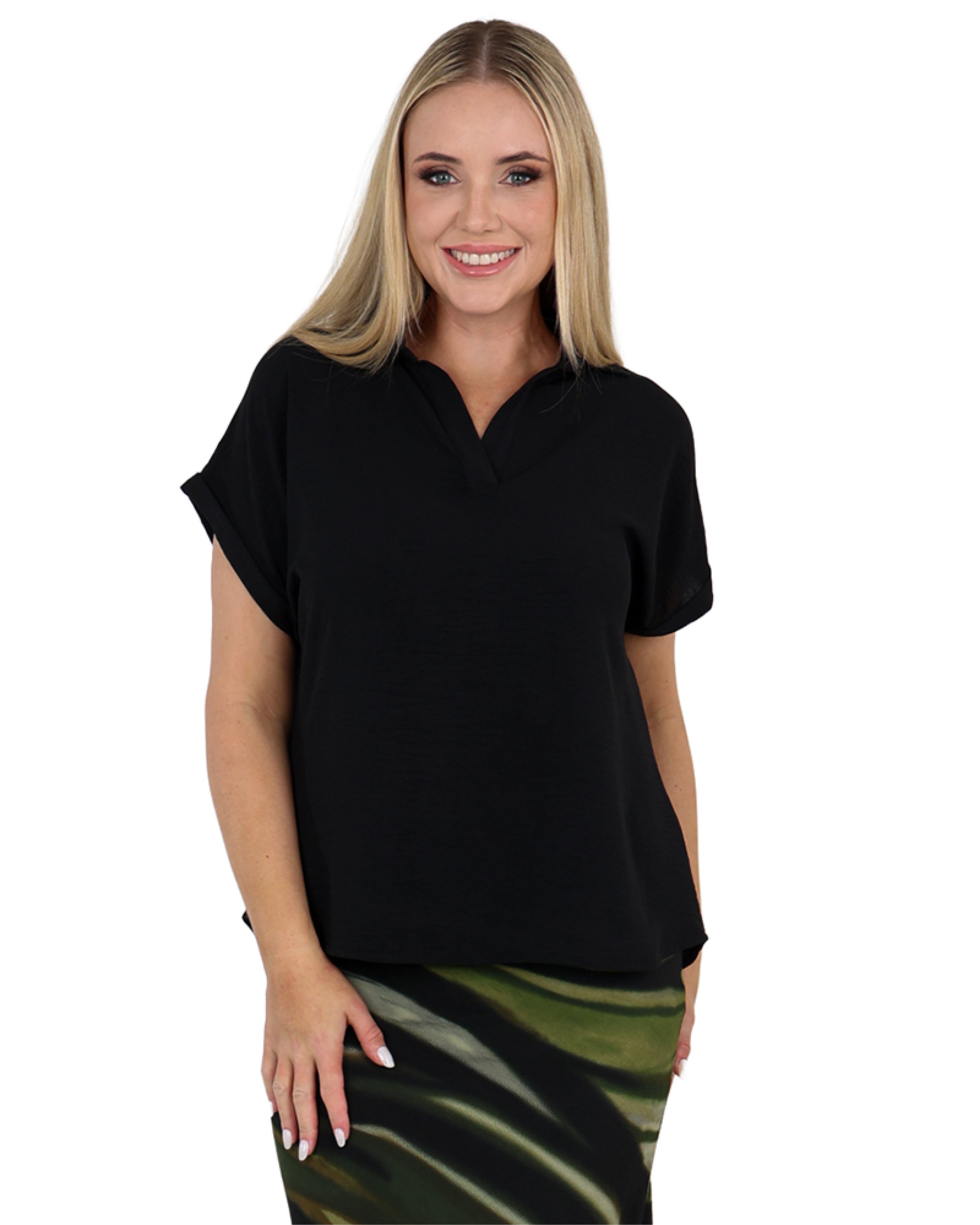 Black Collared Short Sleeve Blouse
