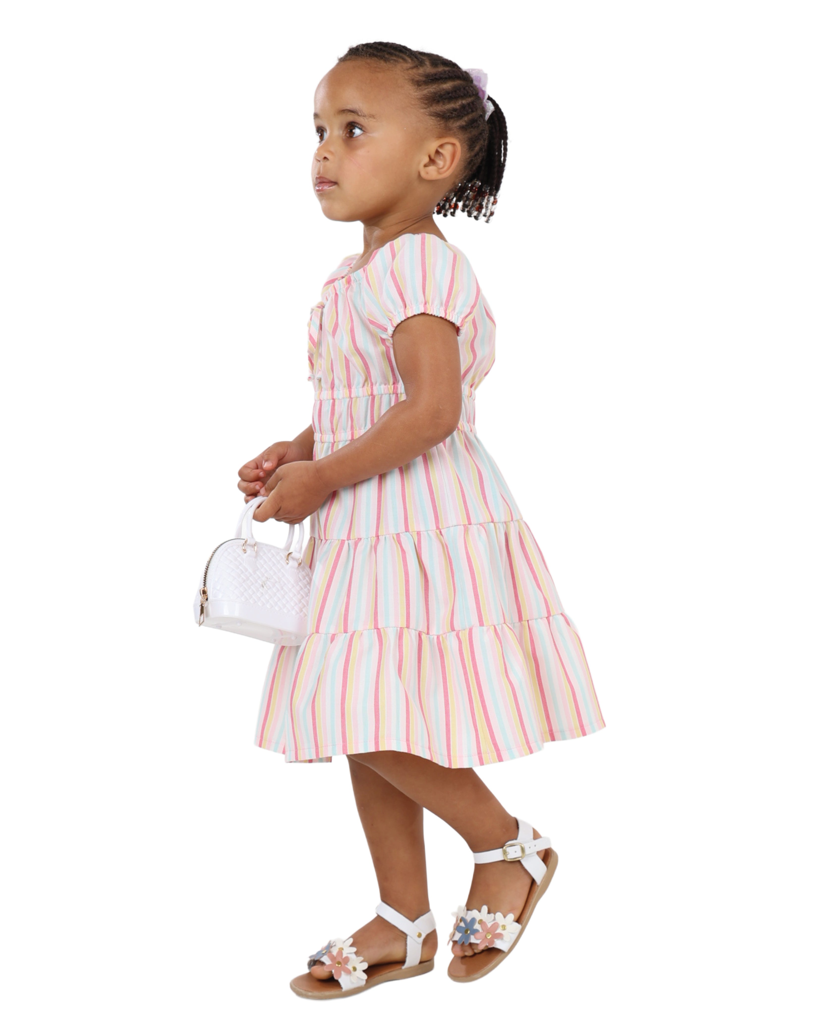 Pastel Stripe Short Sleeve Tiered Dress