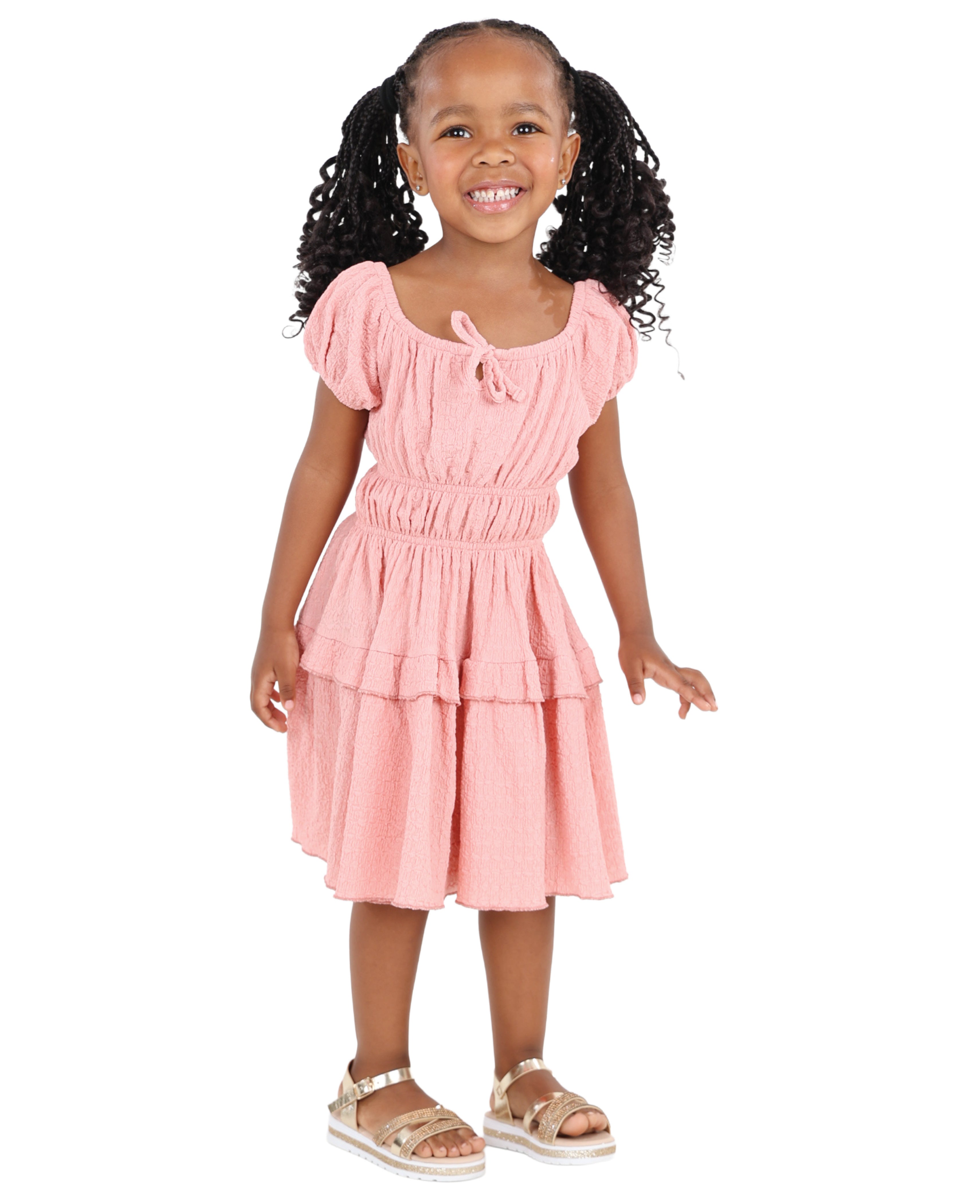 Short Puff Sleeve Textured Tiered Dress