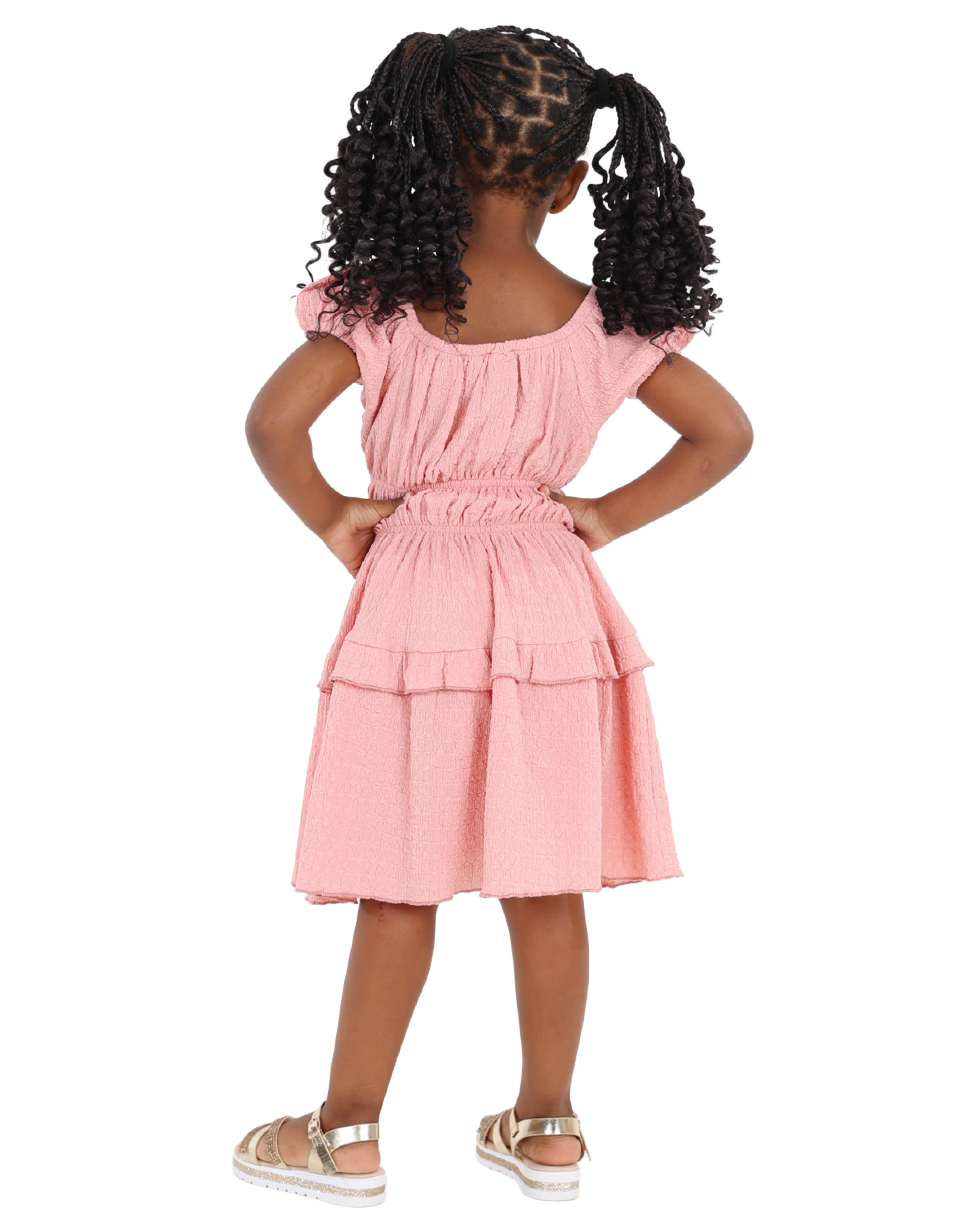 Short Puff Sleeve Textured Tiered Dress