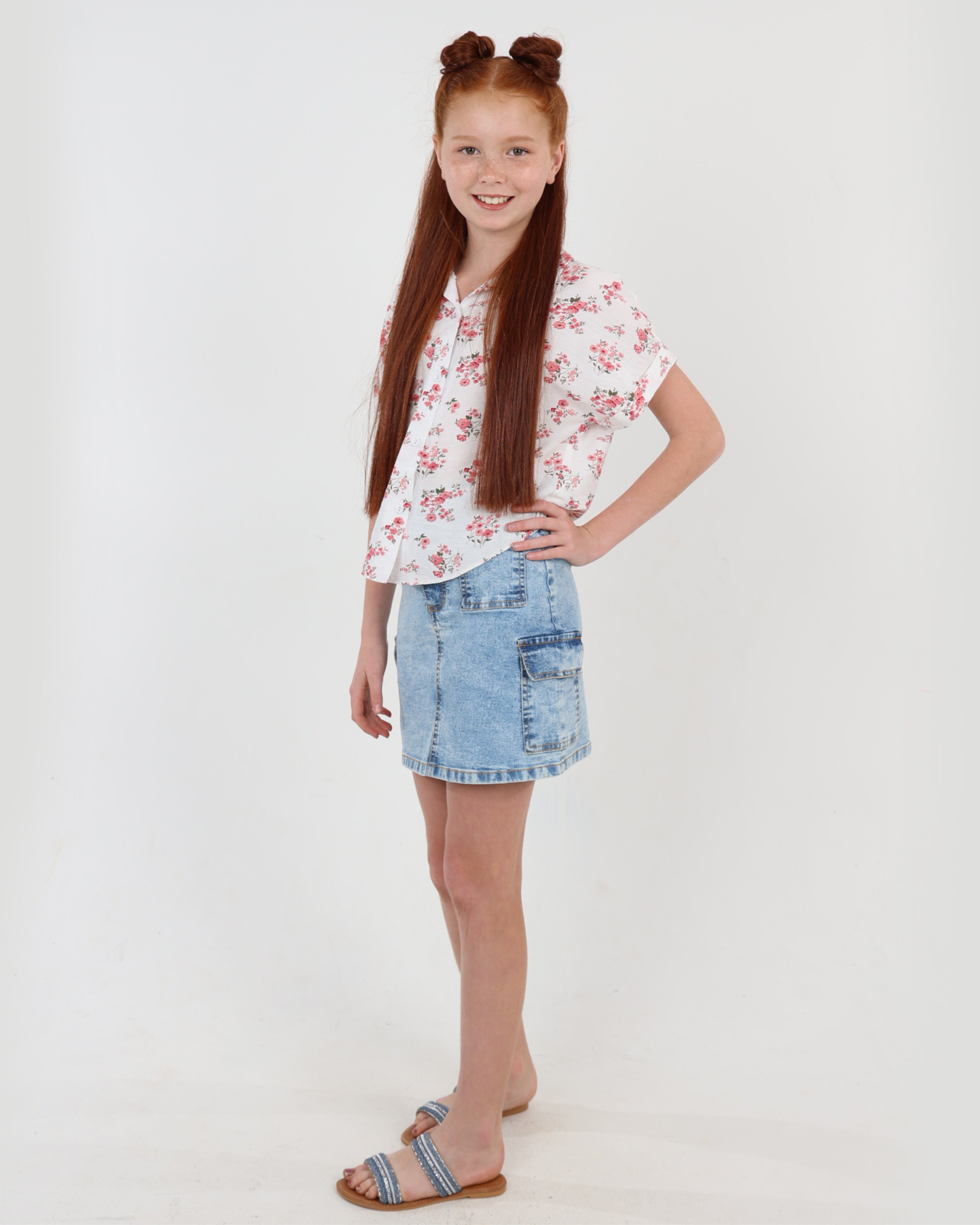 Button Up Short Sleeve Floral Print Blouse