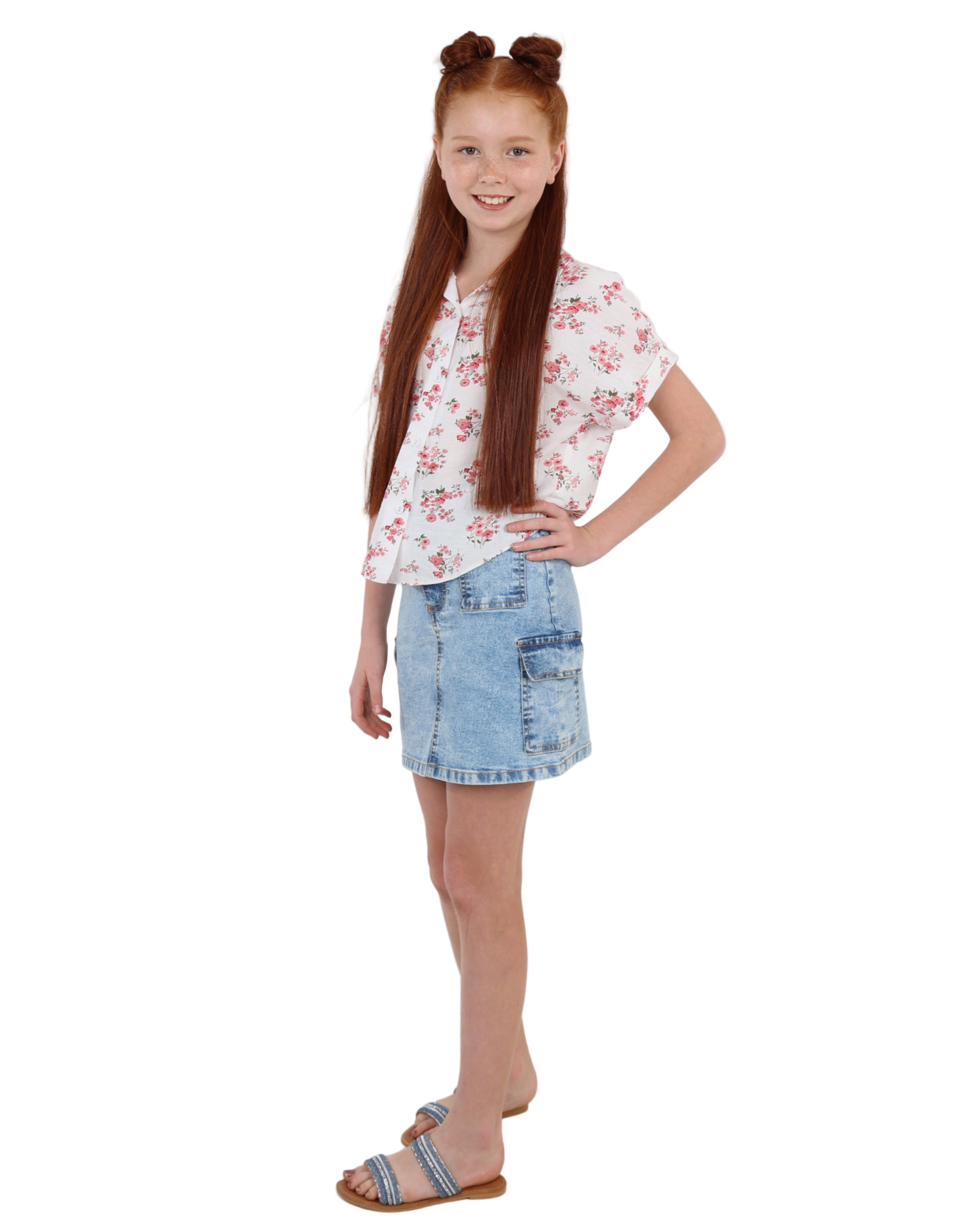 Button Up Short Sleeve Floral Print Blouse