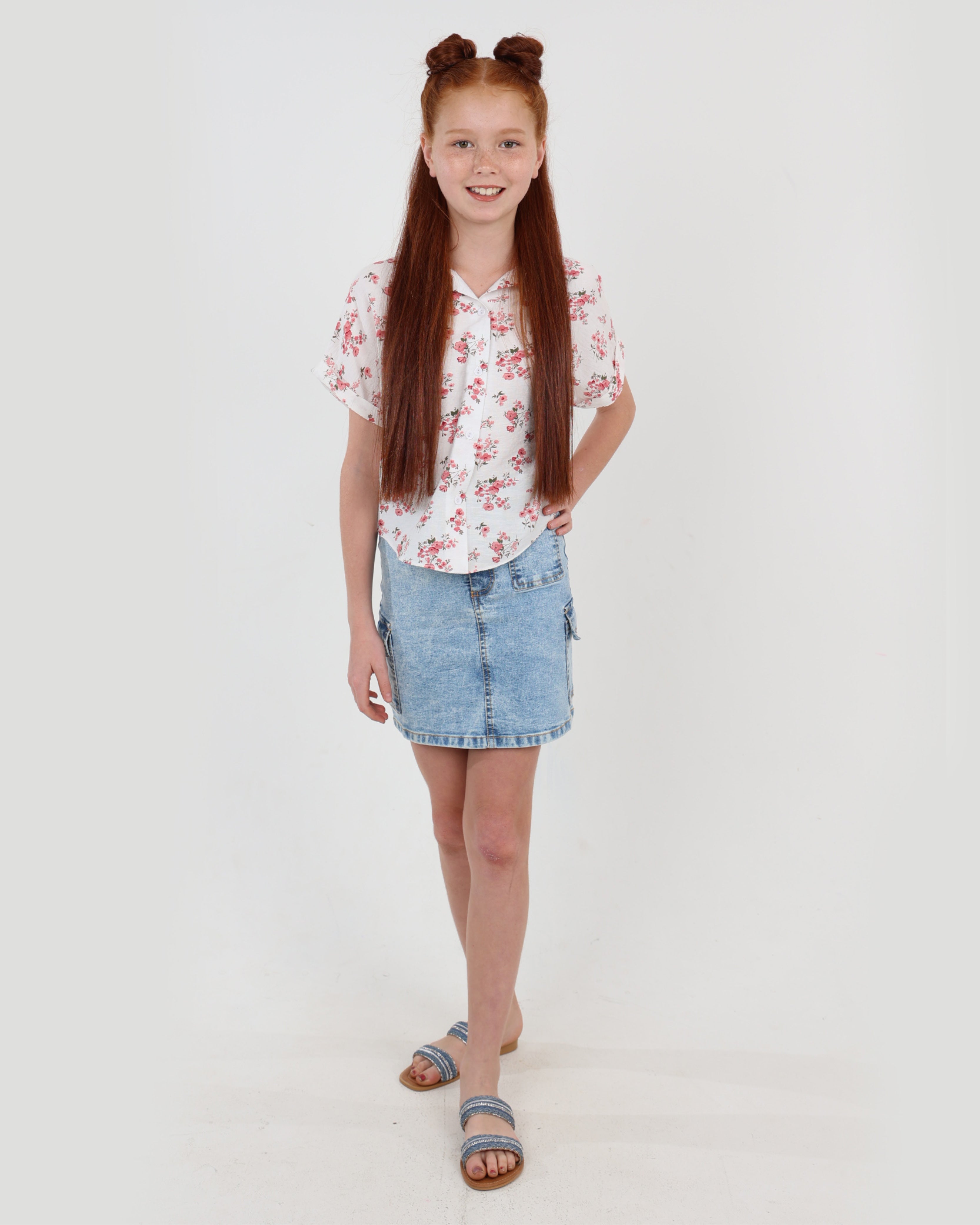 Button Up Short Sleeve Floral Print Blouse