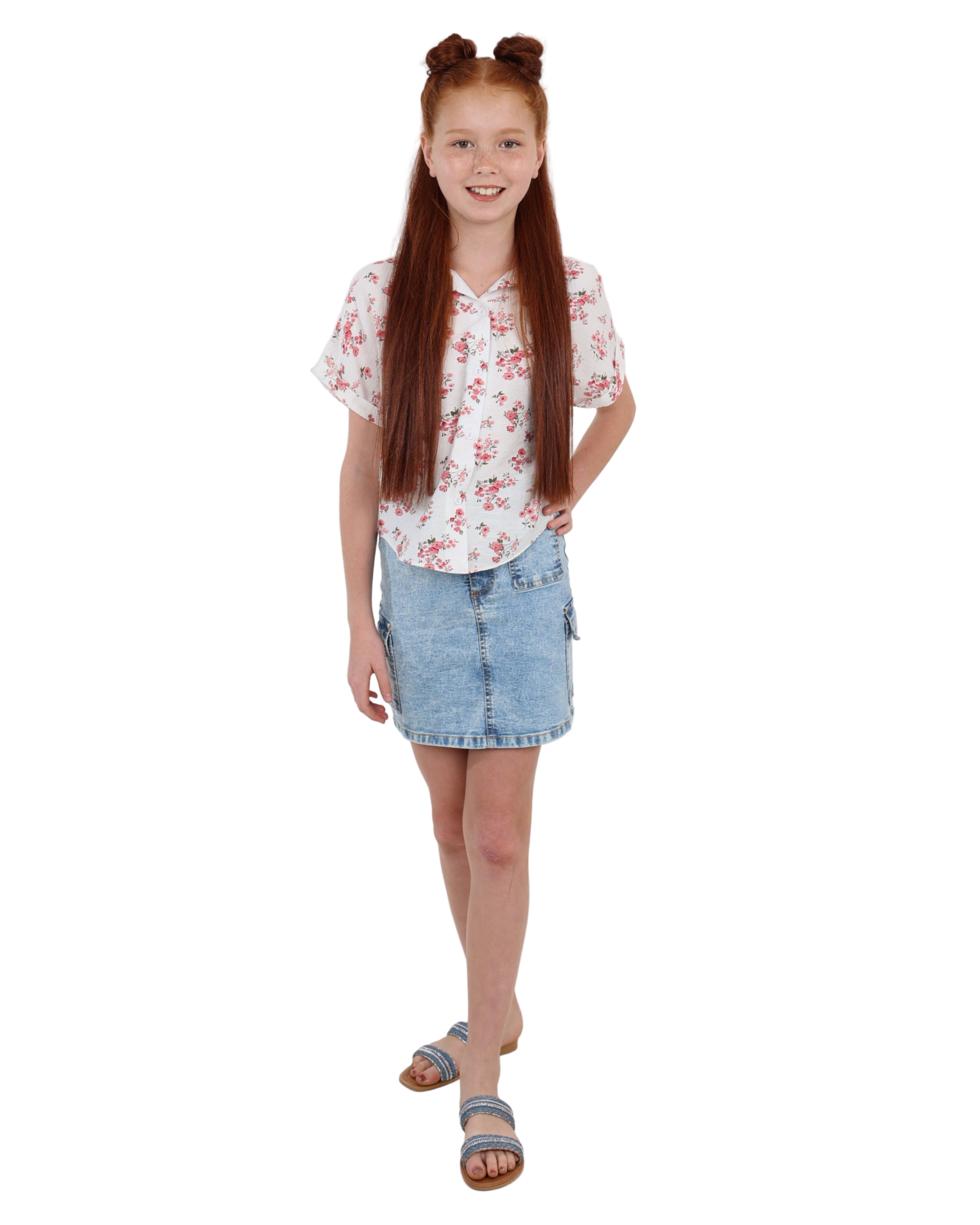 Button Up Short Sleeve Floral Print Blouse