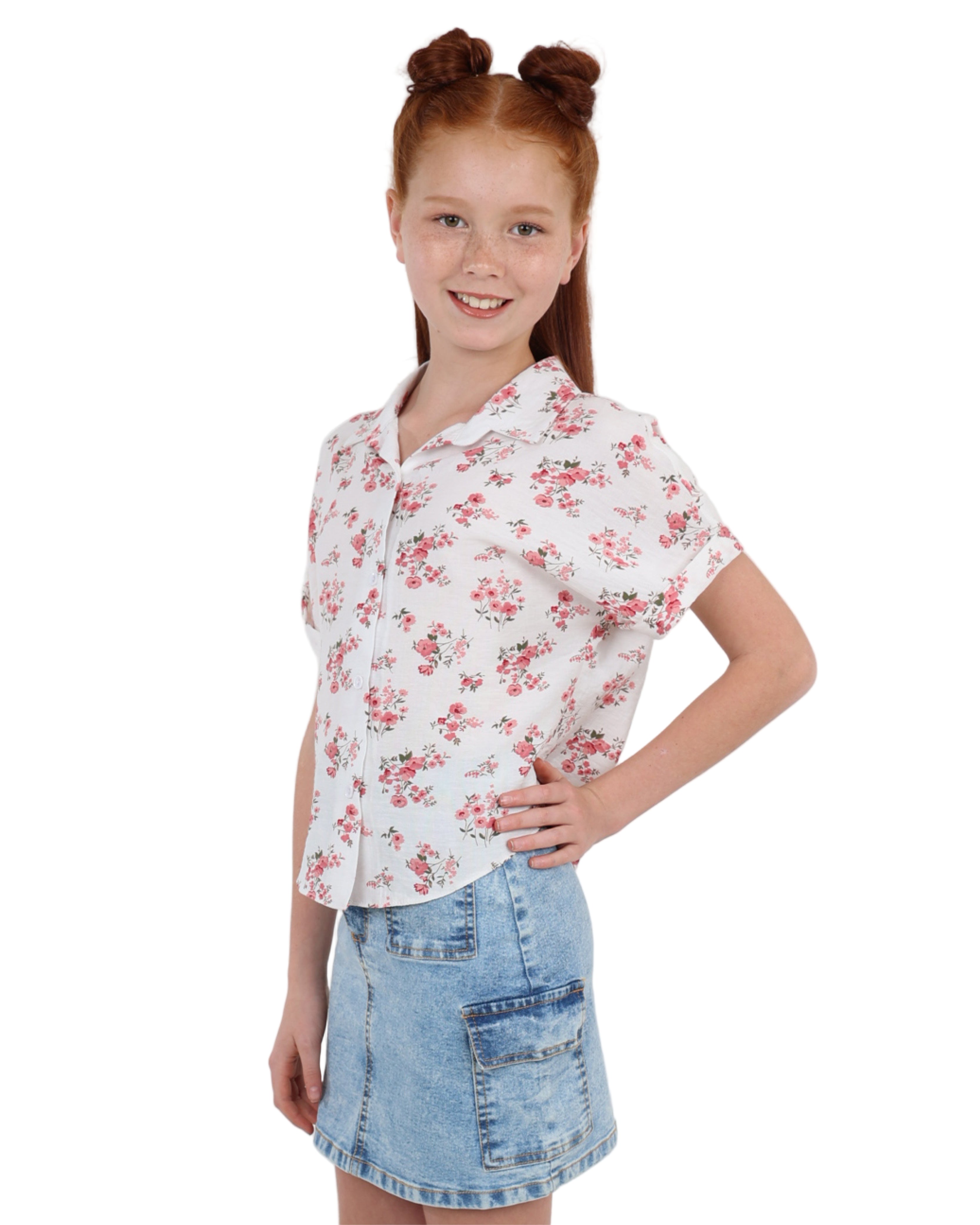 Button Up Short Sleeve Floral Print Blouse