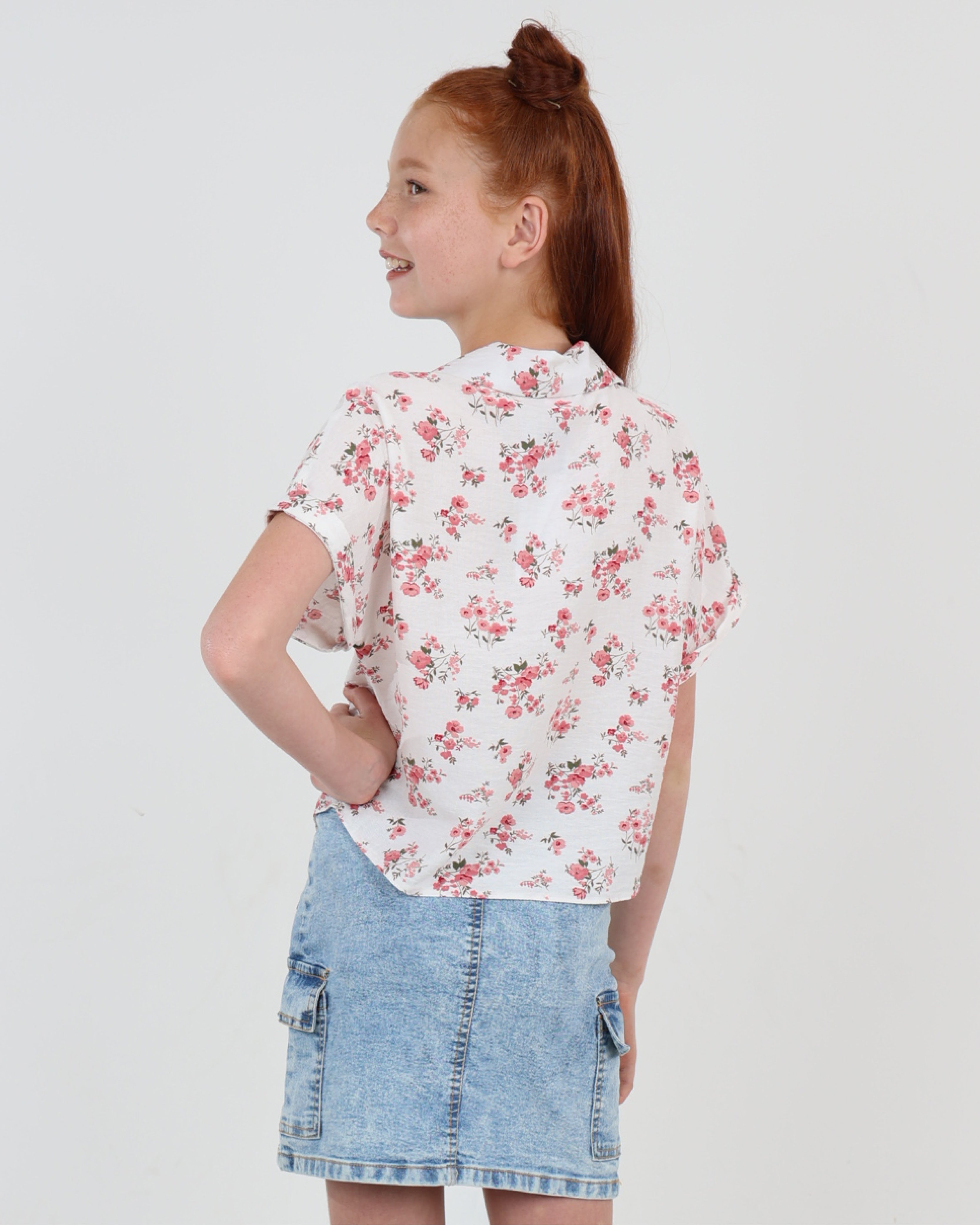 Button Up Short Sleeve Floral Print Blouse