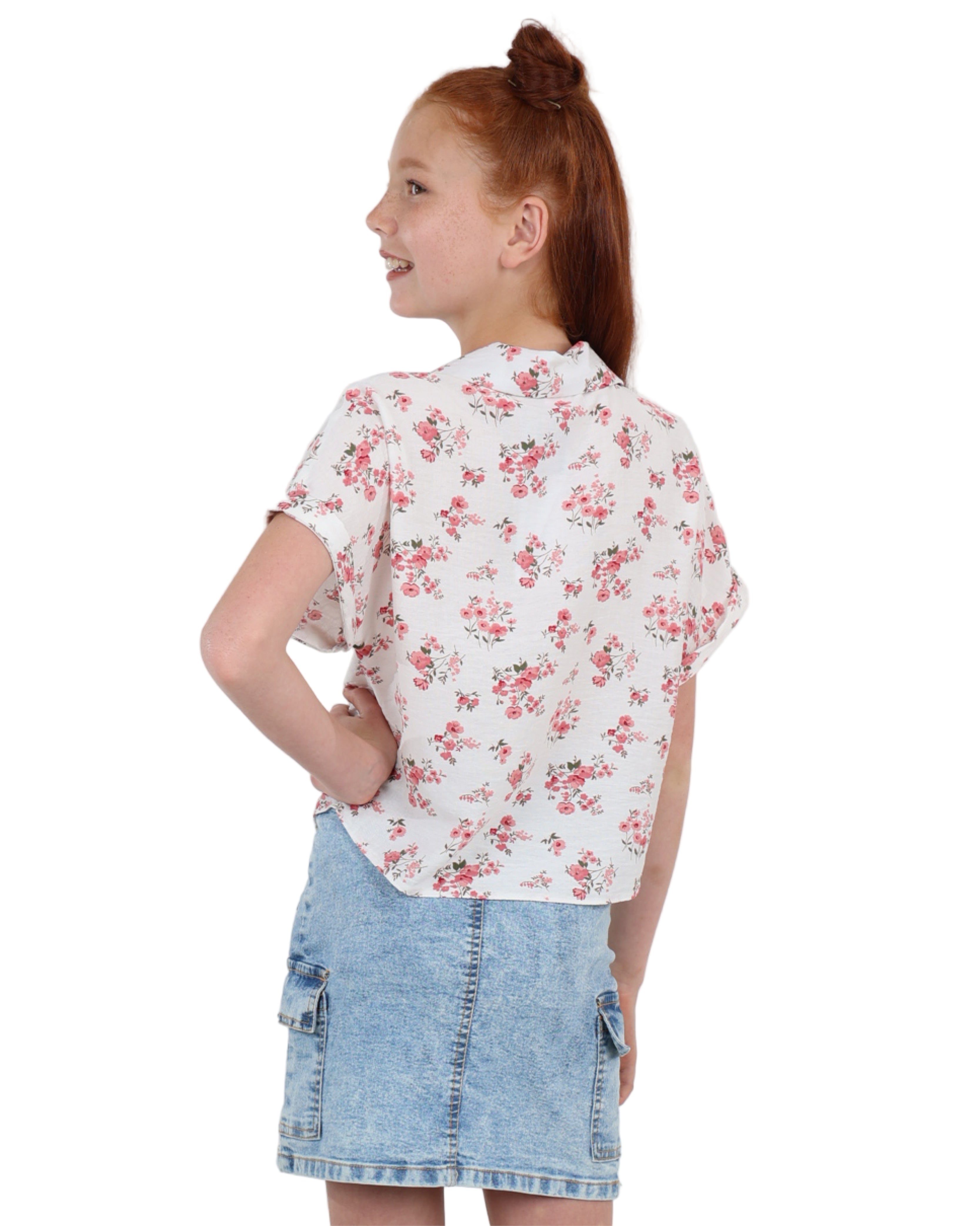 Button Up Short Sleeve Floral Print Blouse