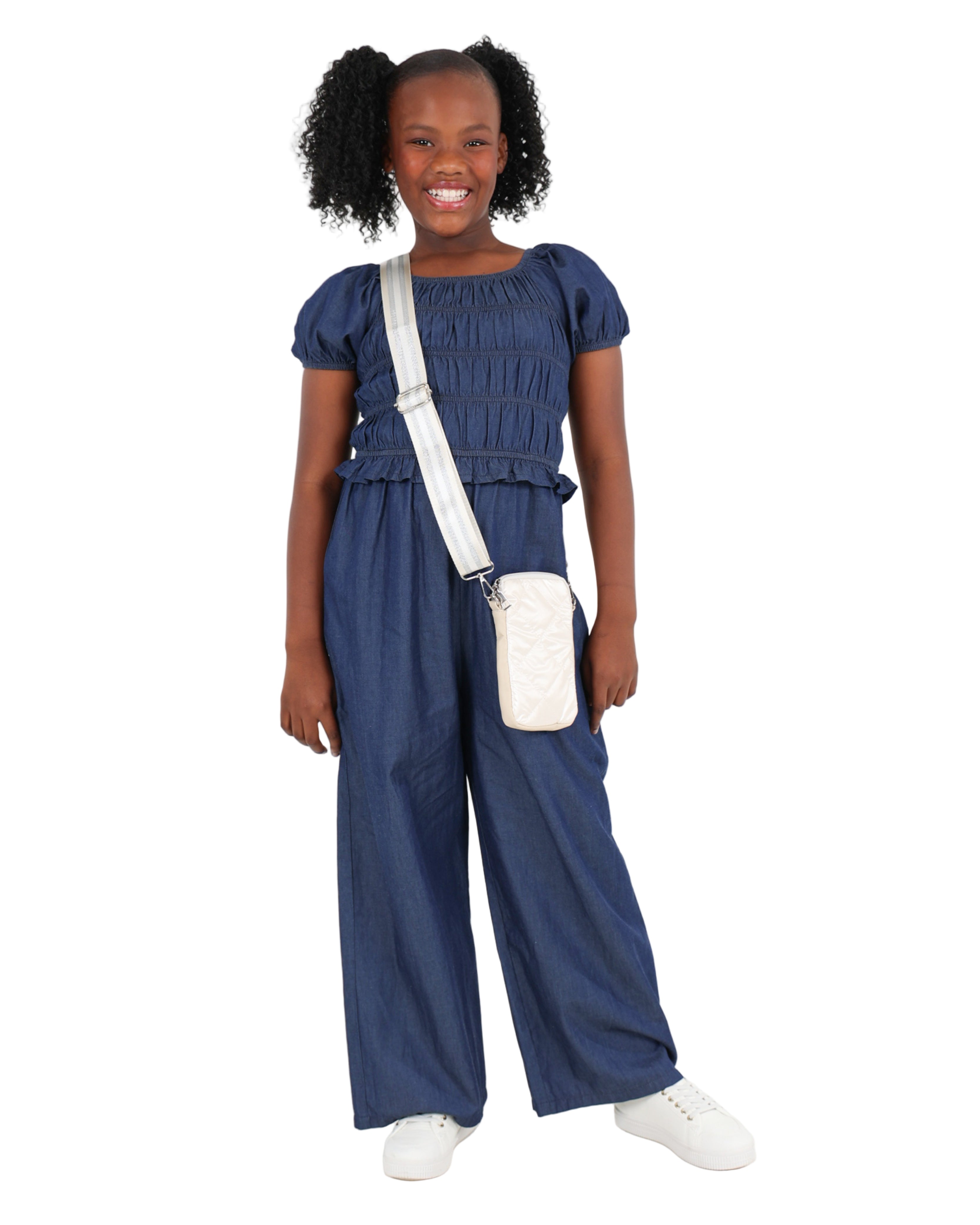 Lightweight Denim Shirred Bodice Jumpsuit