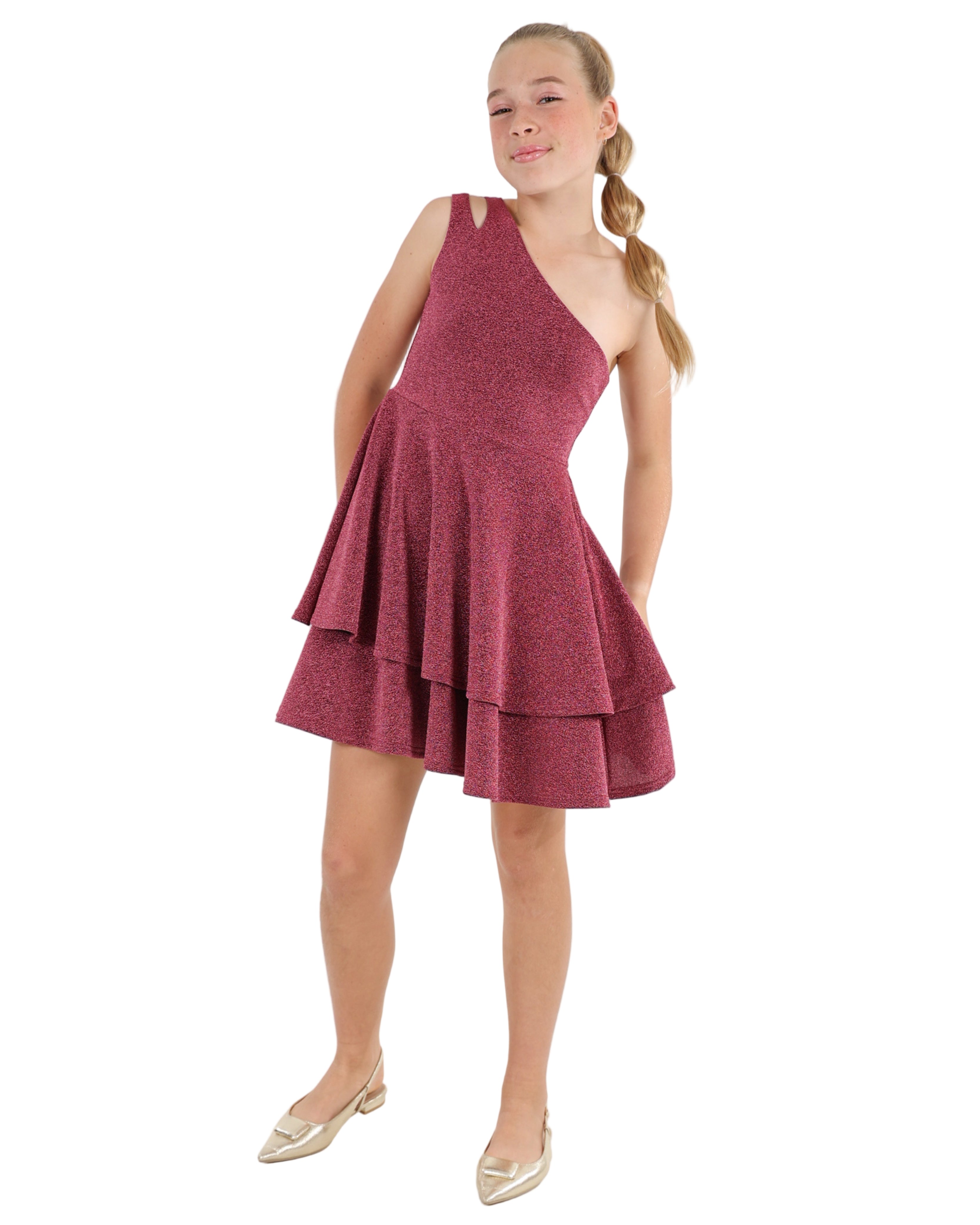 One Shoulder Shimmer Cerise Dress