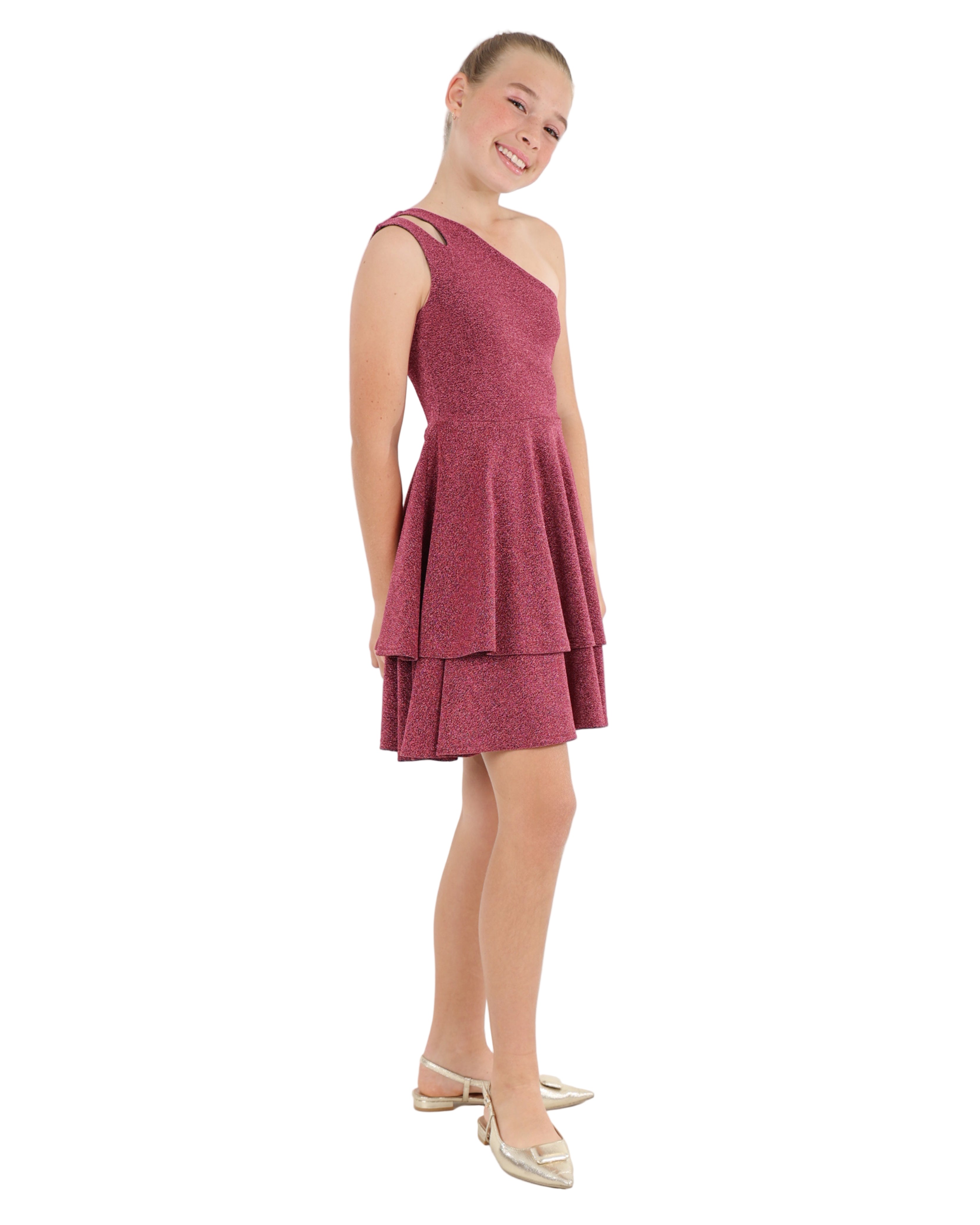 One Shoulder Shimmer Cerise Dress