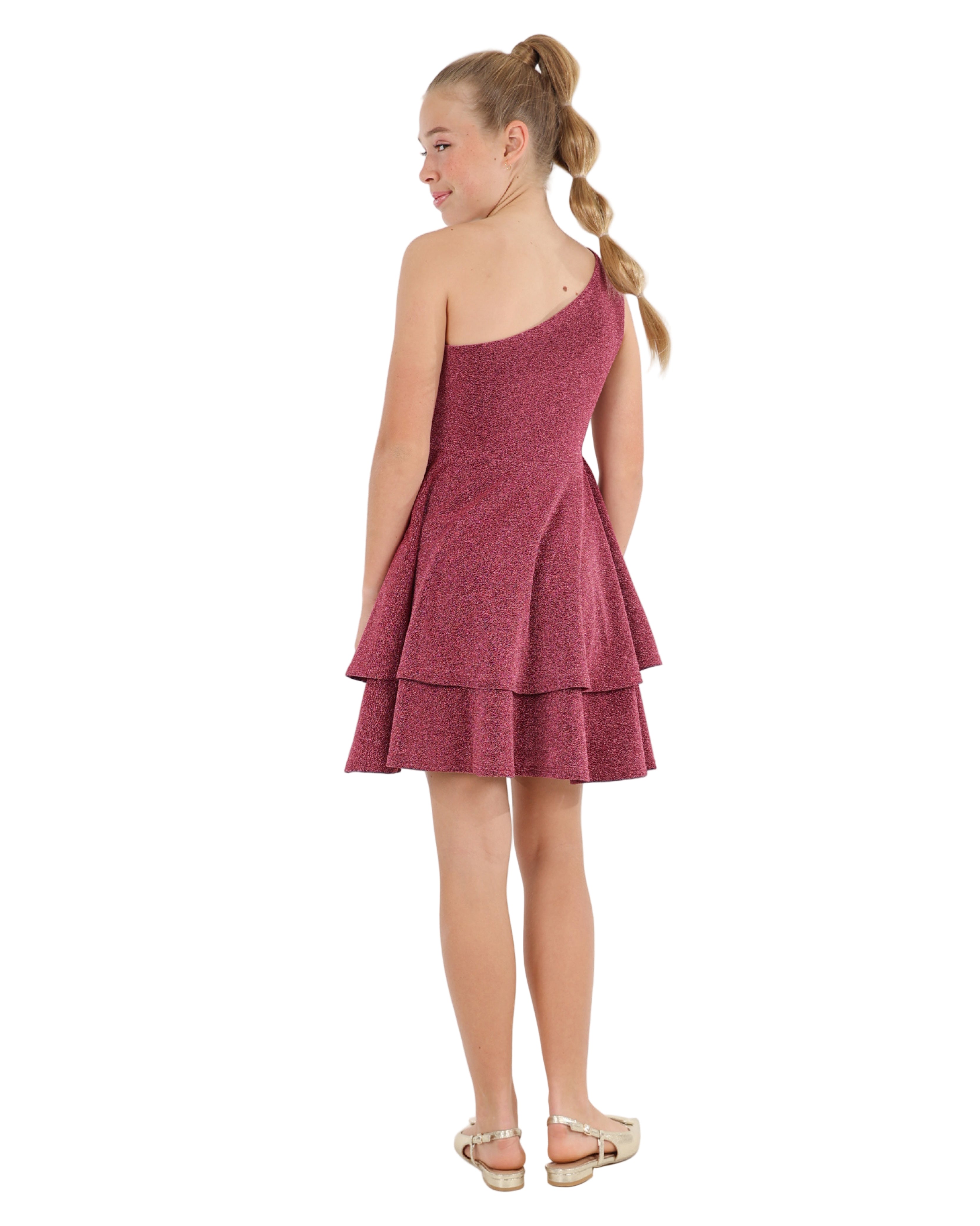 One Shoulder Shimmer Cerise Dress