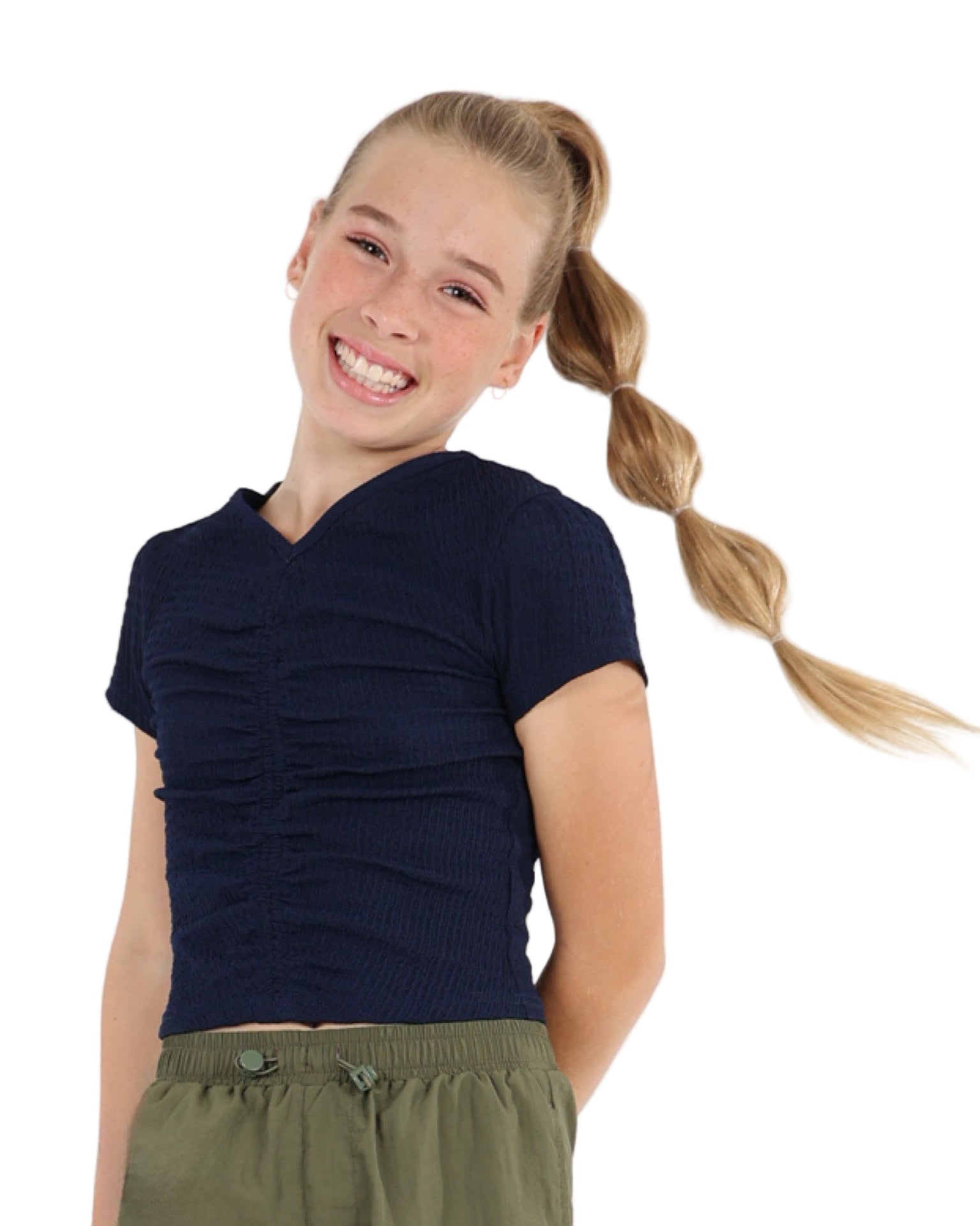 Short Sleeve Textures & Ruched Navy Top