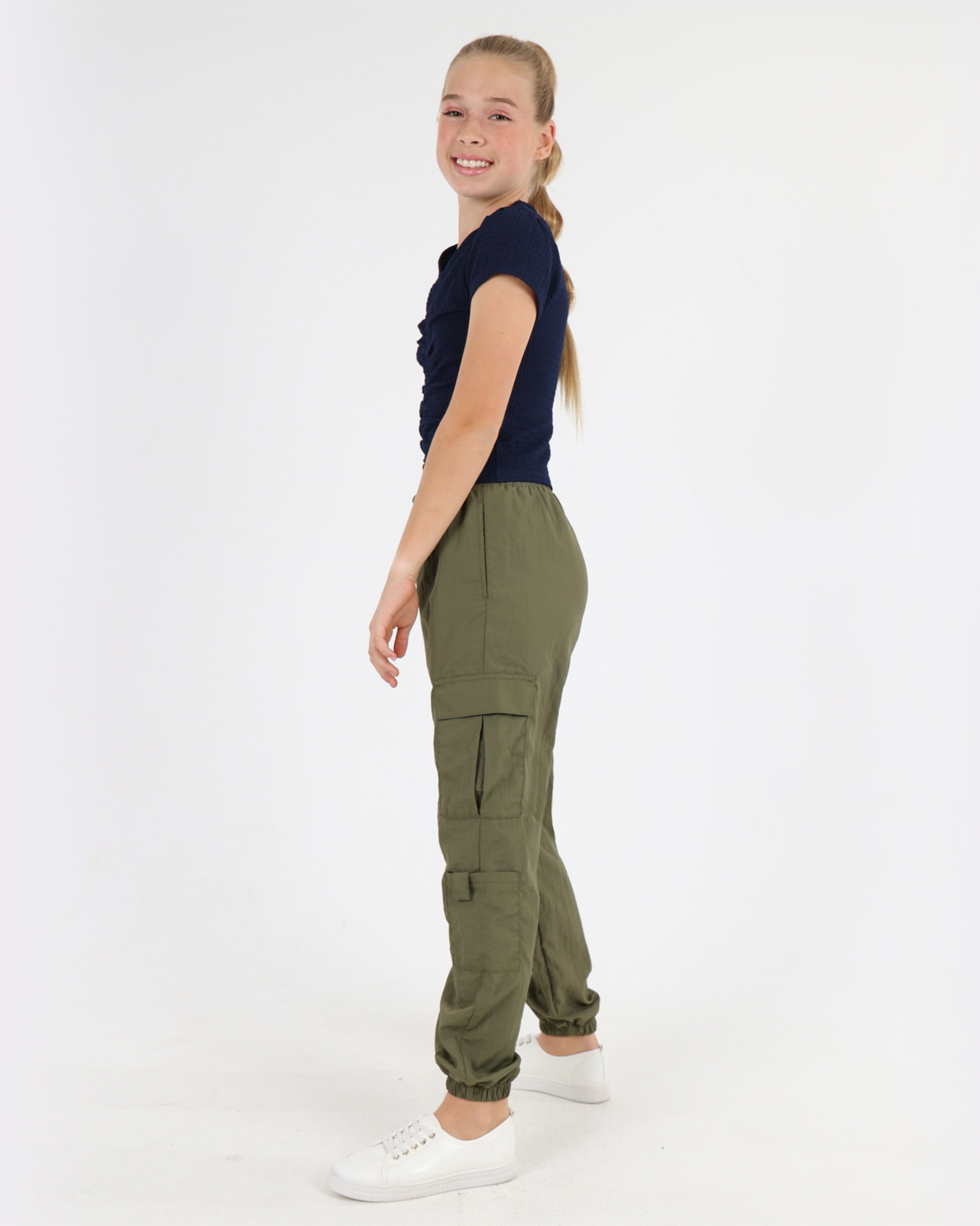 Short Sleeve Textures & Ruched Navy Top