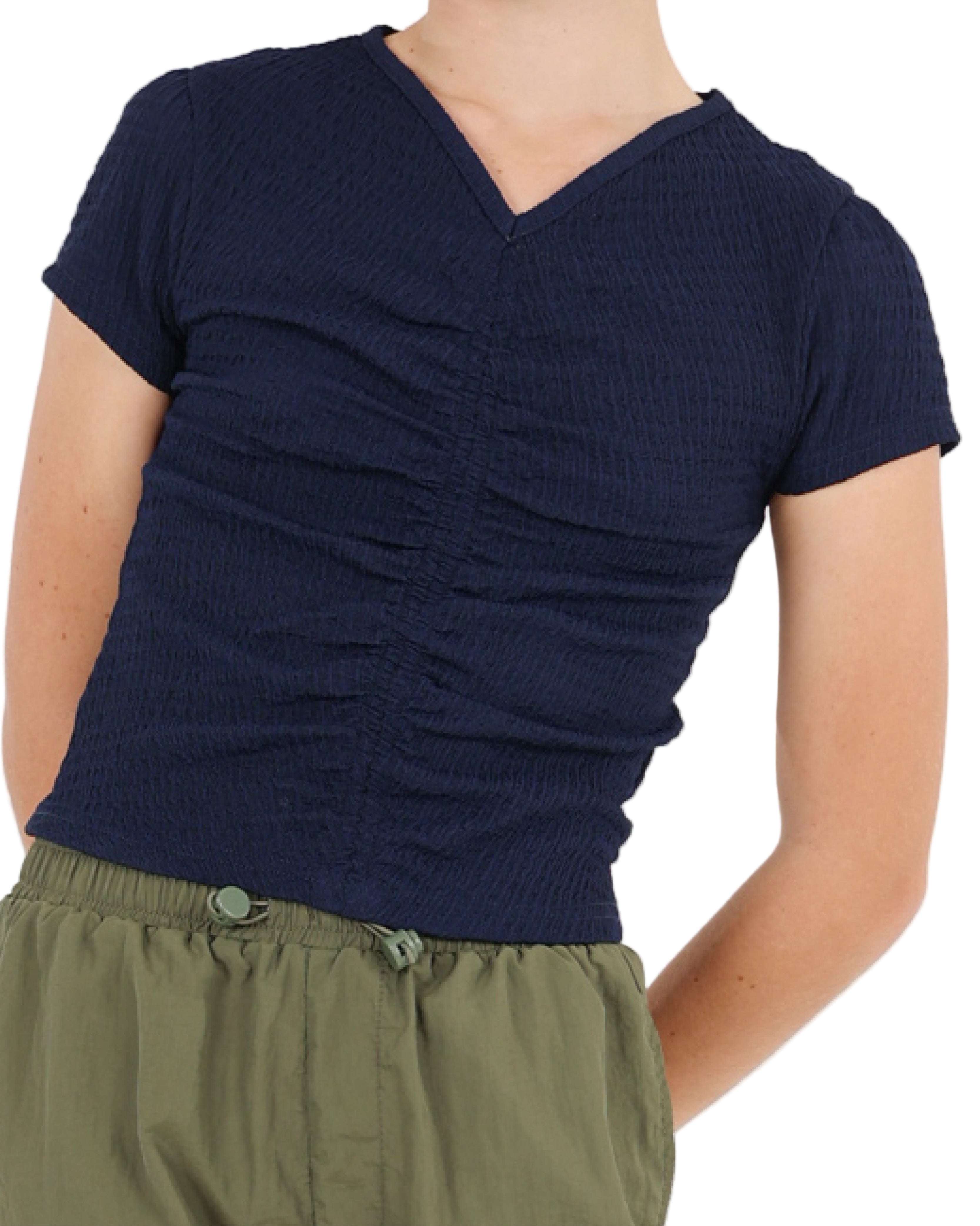 Short Sleeve Textures & Ruched Navy Top
