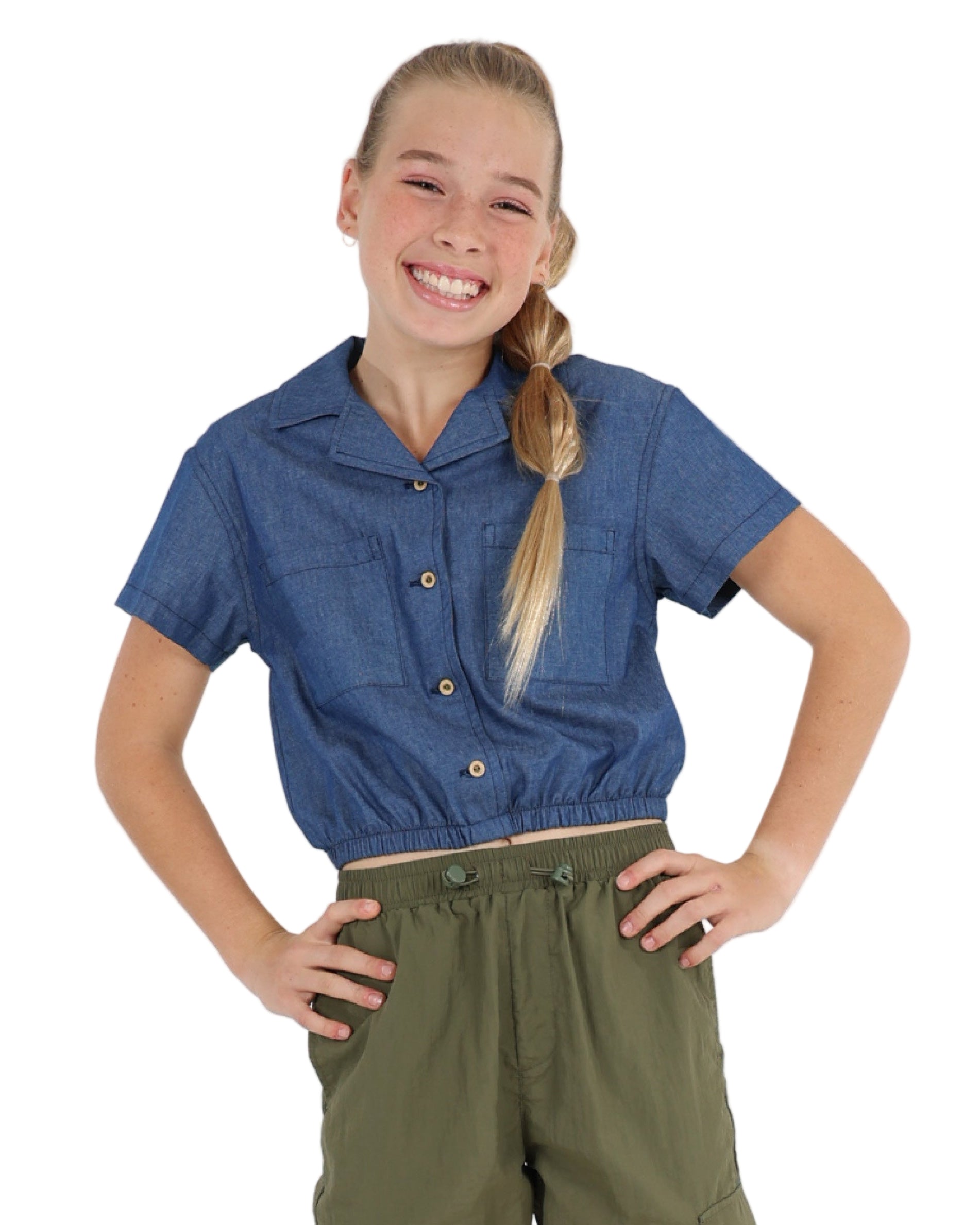 Short Sleeve Denim Double Pocket Cropped Shirt