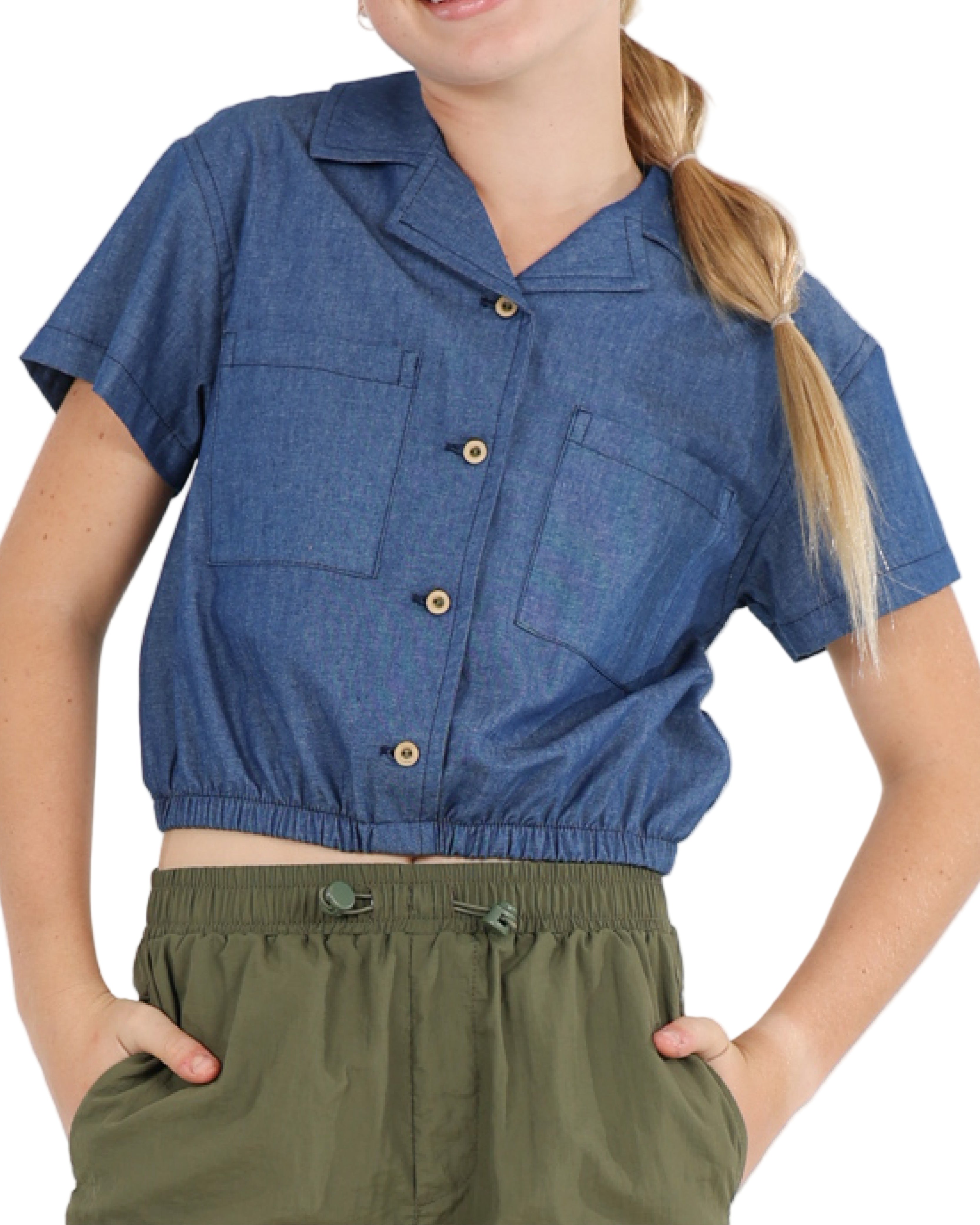 Short Sleeve Denim Double Pocket Cropped Shirt