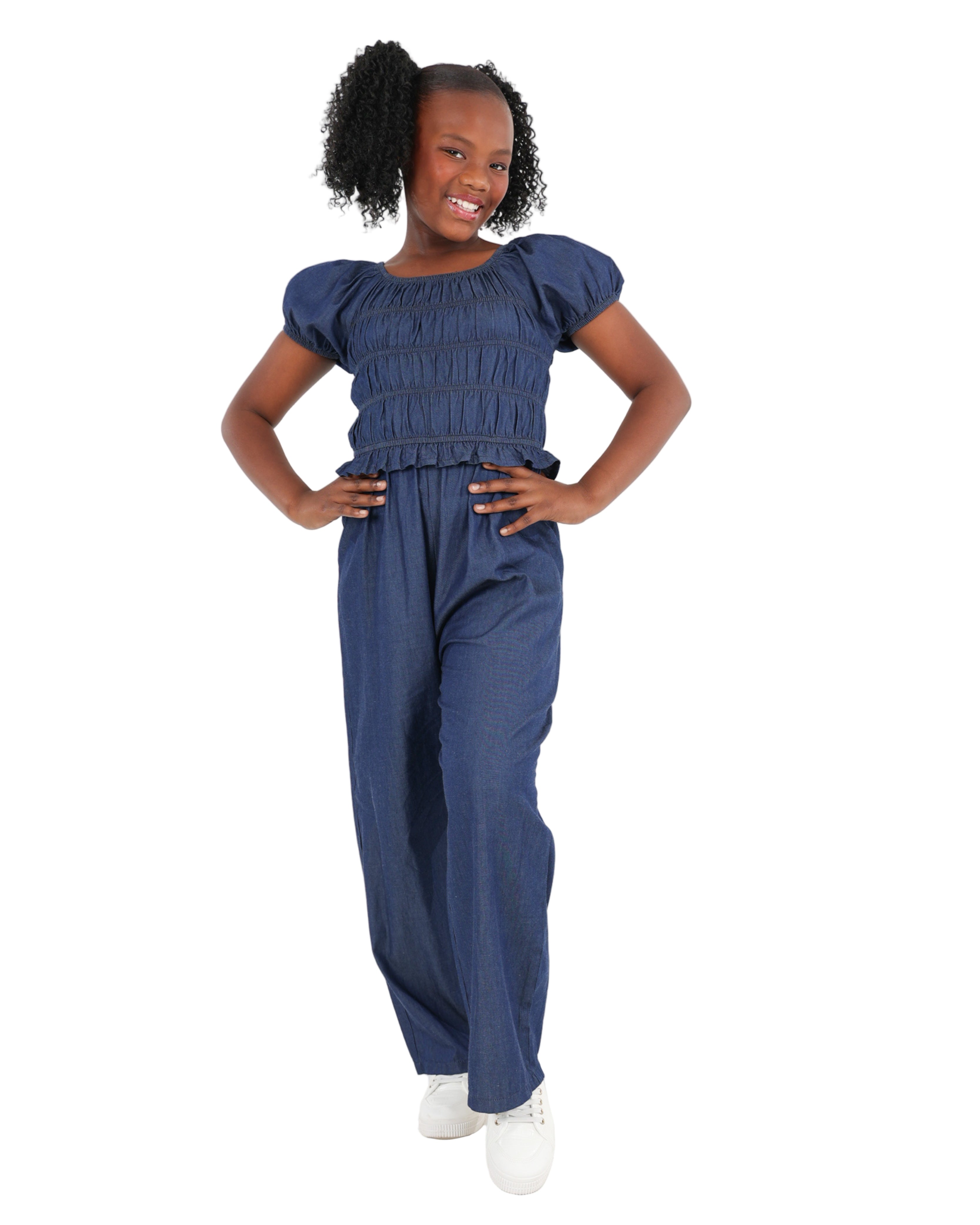 Lightweight Denim Shirred Bodice Jumpsuit