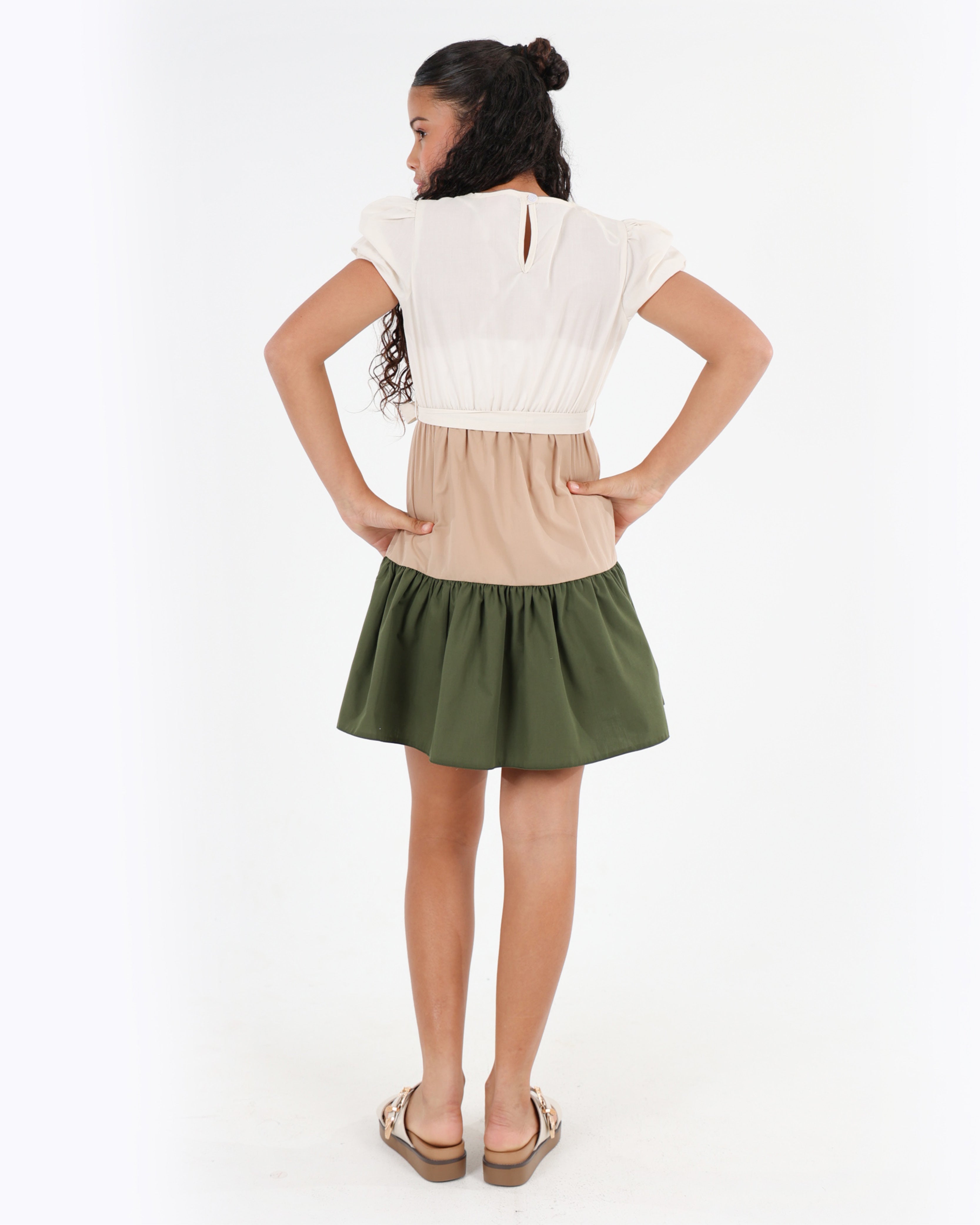 Short Puff Sleeve Colour Block Tiered Dress