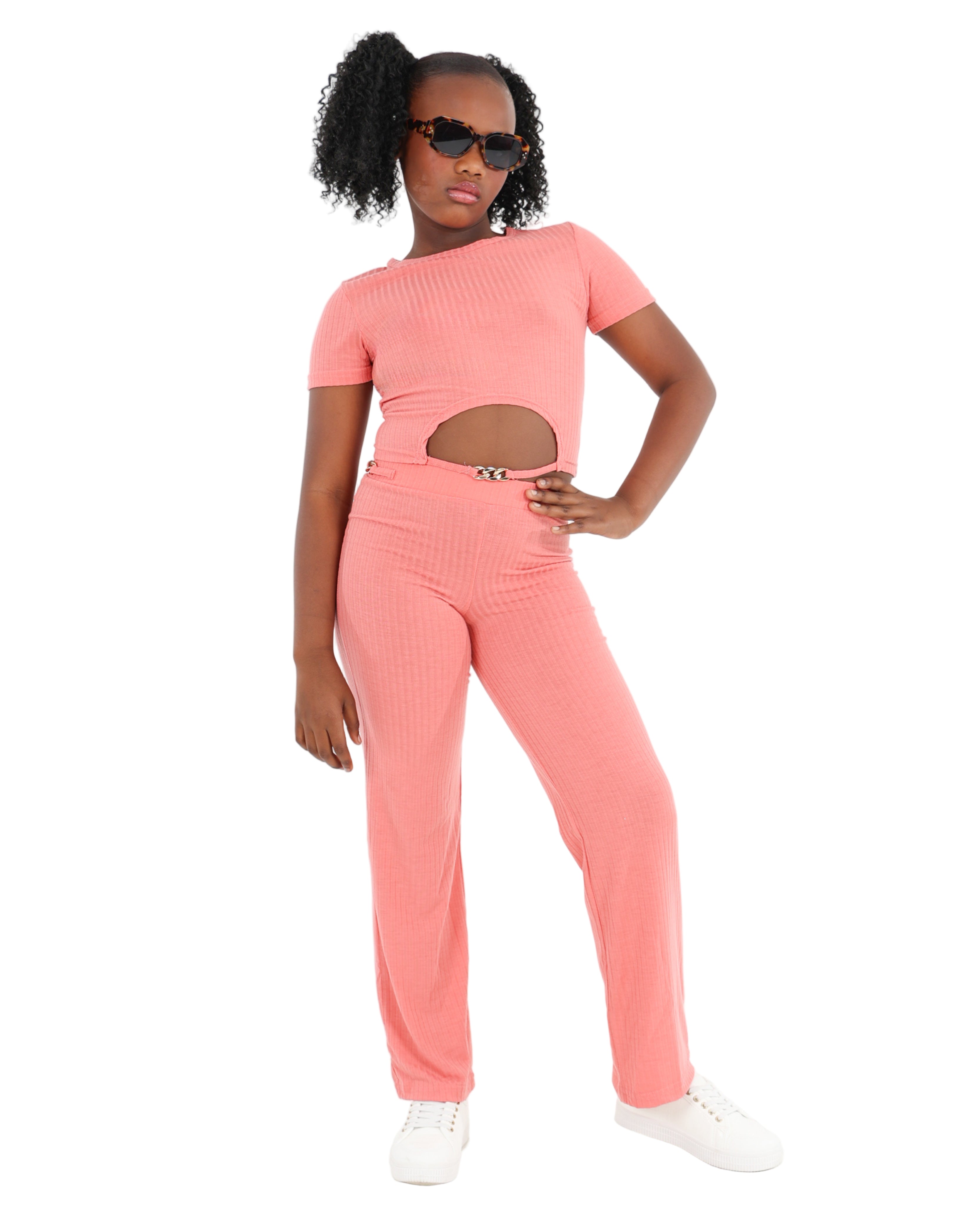 Wide Leg Ribbed Legging With Chain Trim