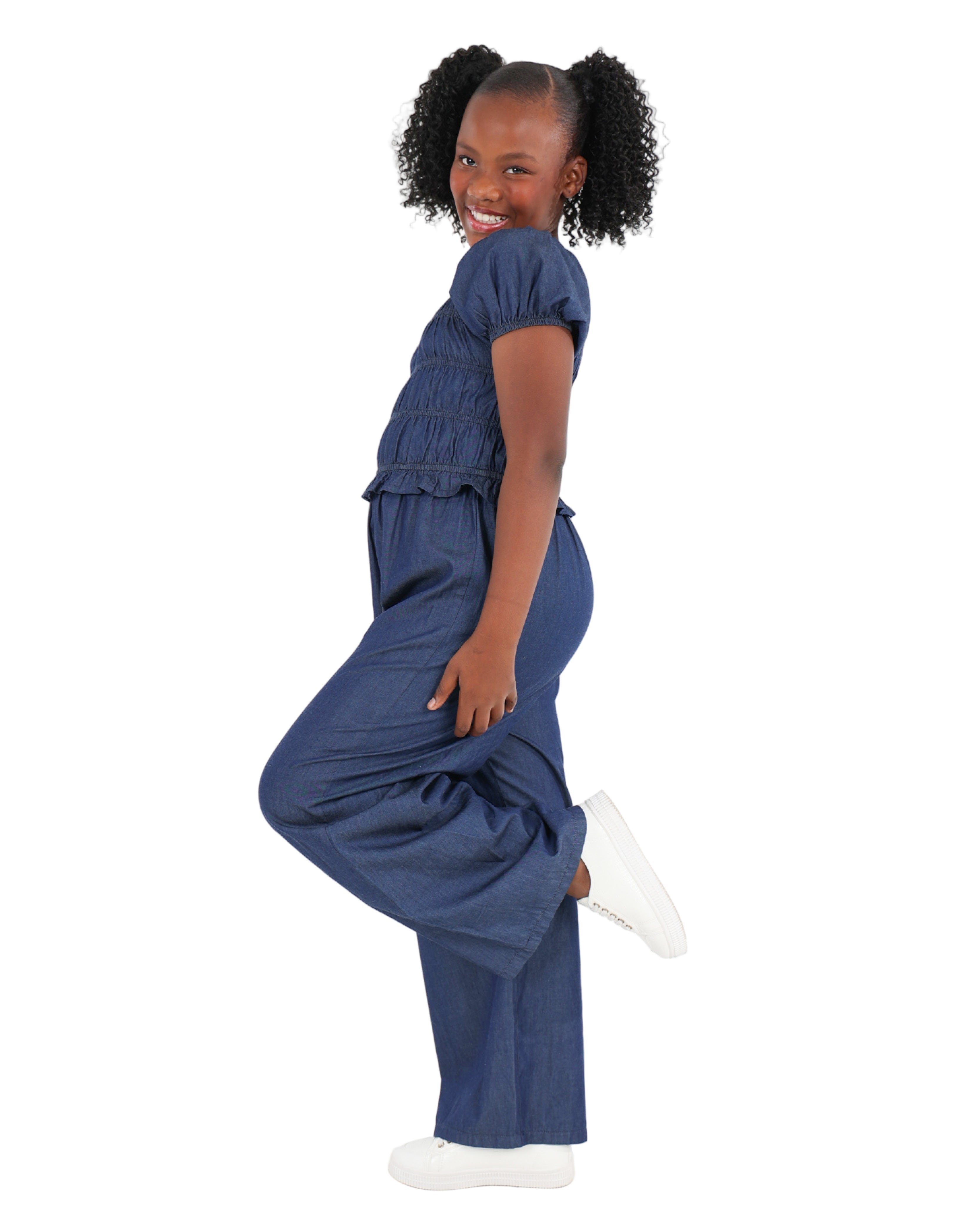 Lightweight Denim Shirred Bodice Jumpsuit