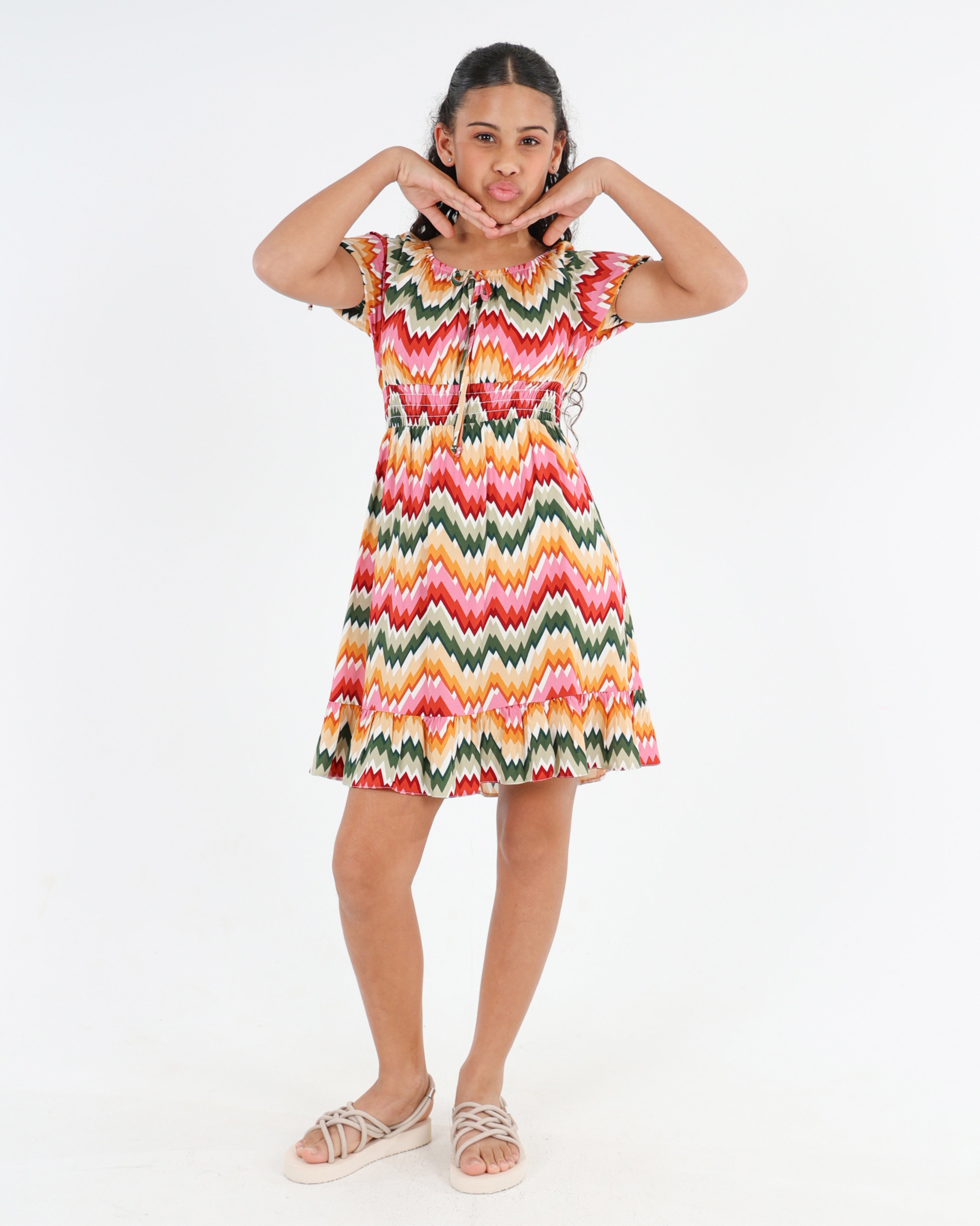 Short Sleeve Zig Zag Print Dress