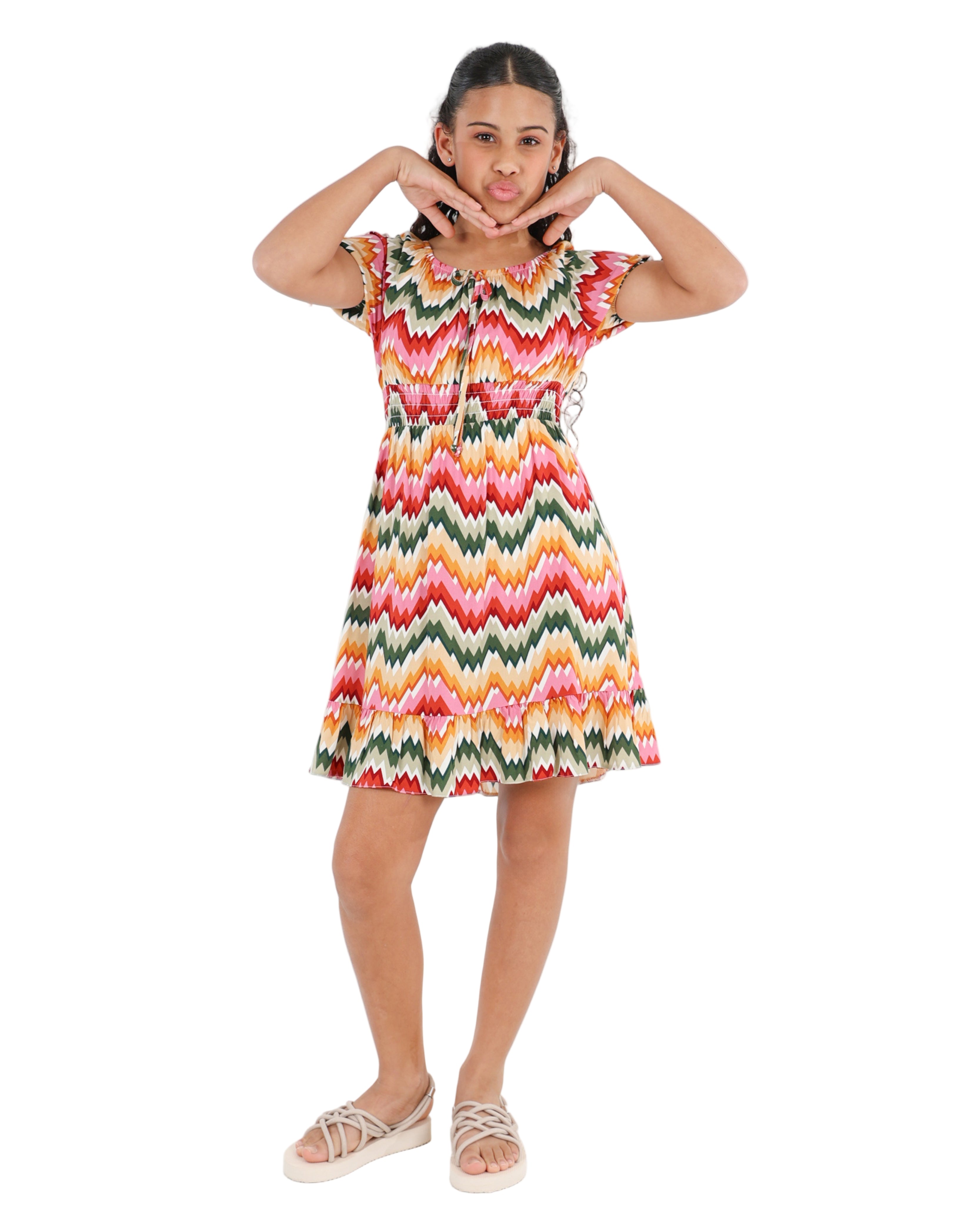 Short Sleeve Zig Zag Print Dress