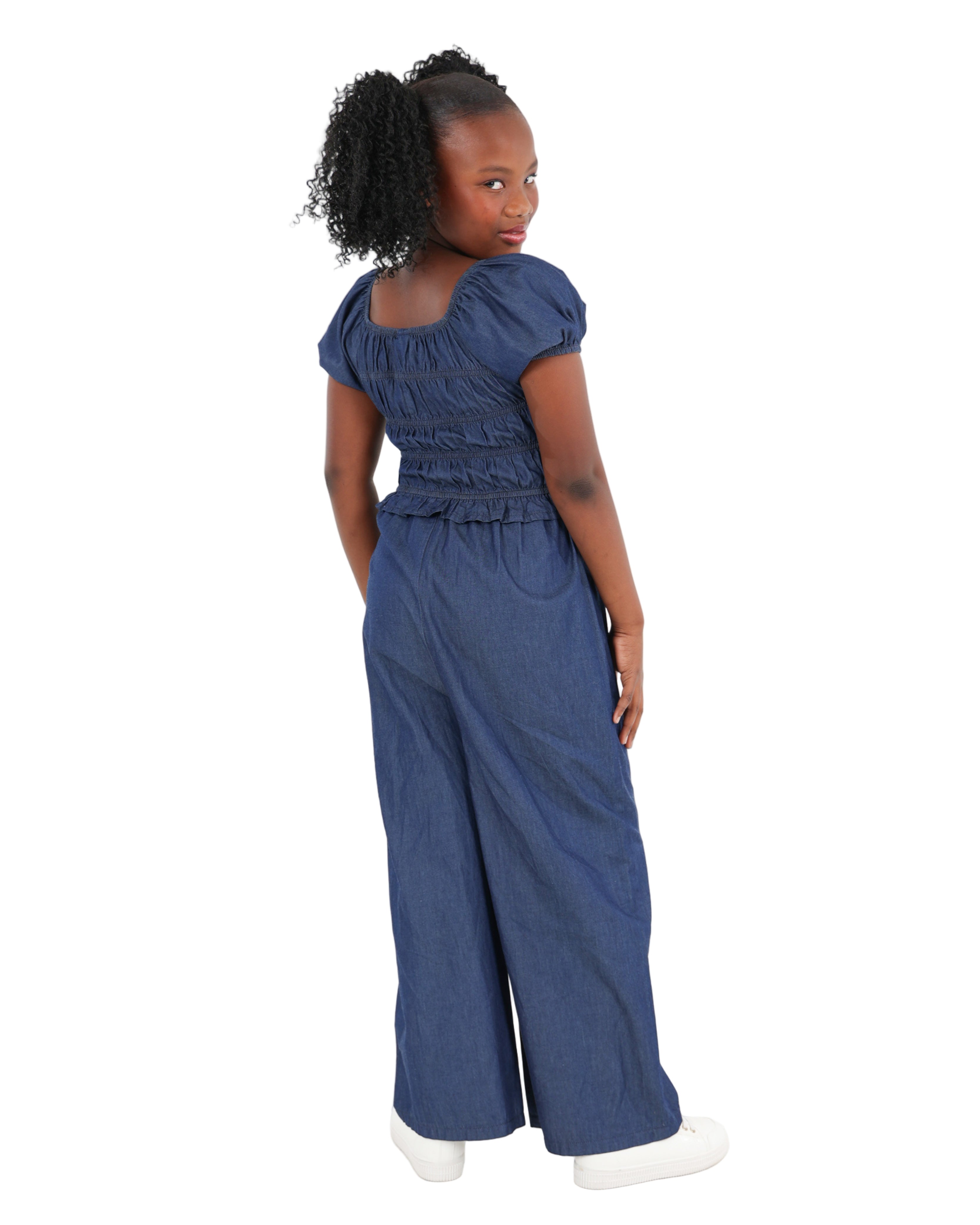 Lightweight Denim Shirred Bodice Jumpsuit