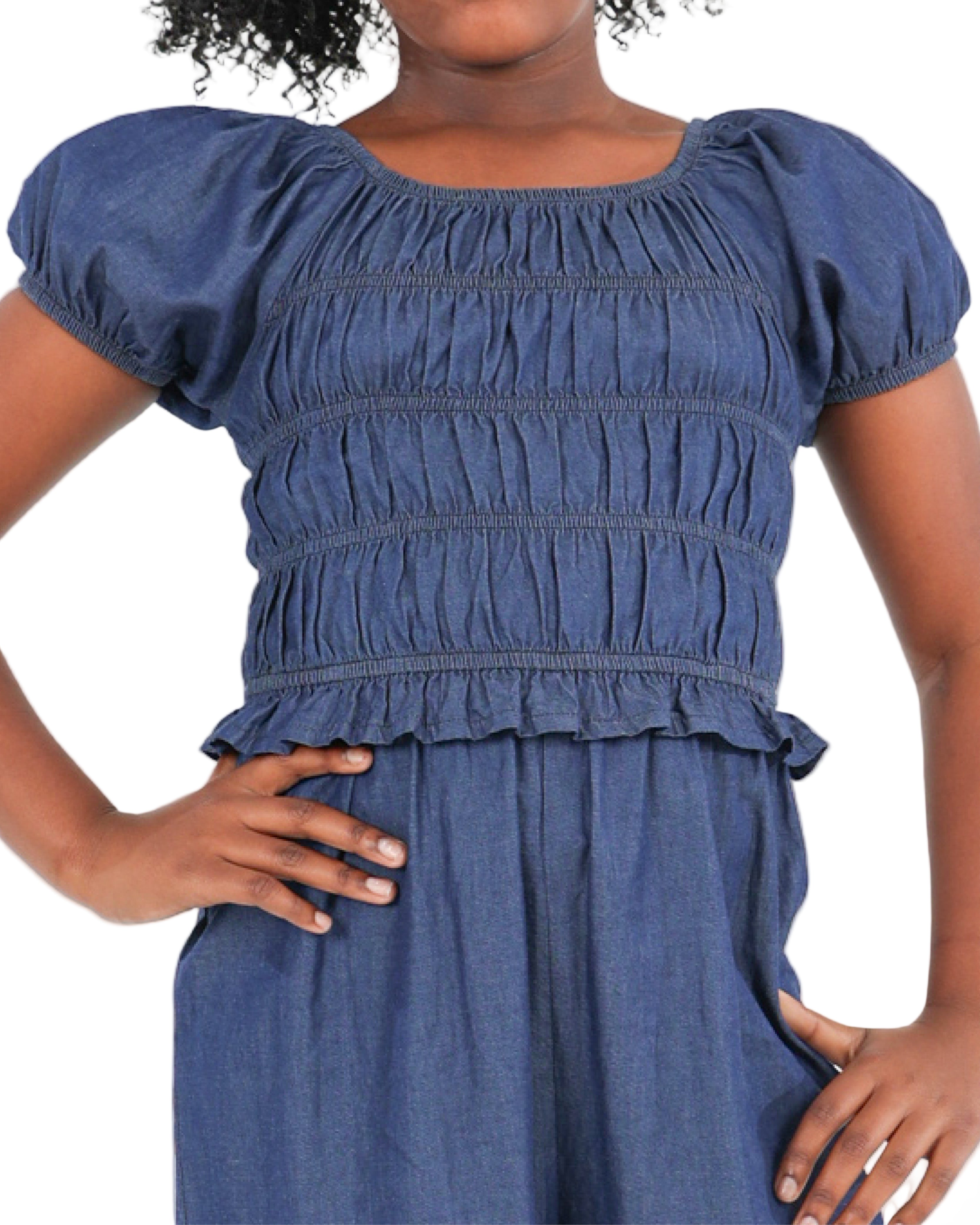 Lightweight Denim Shirred Bodice Jumpsuit