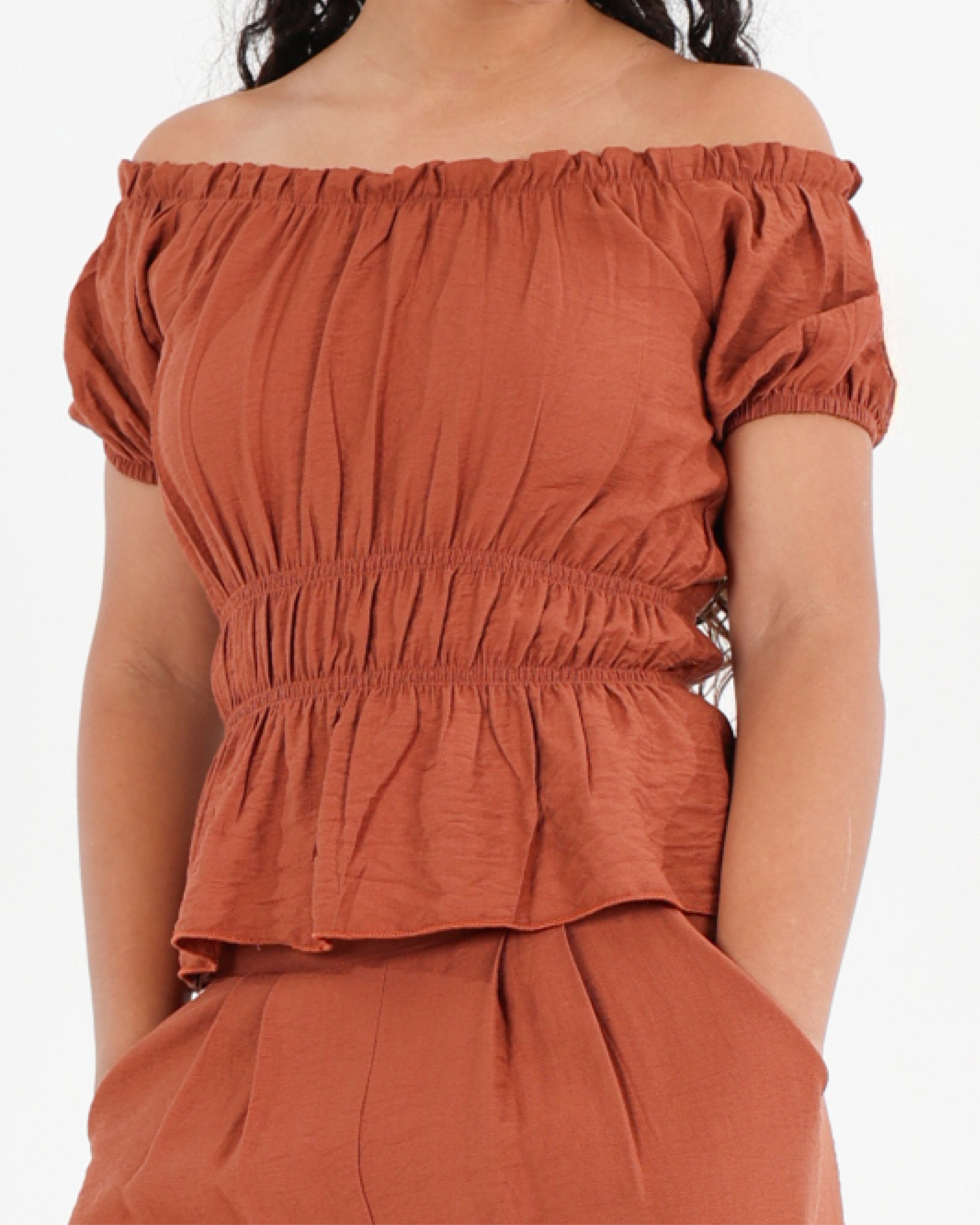 Short Puff Sleeve Ruched Bodice Blouse