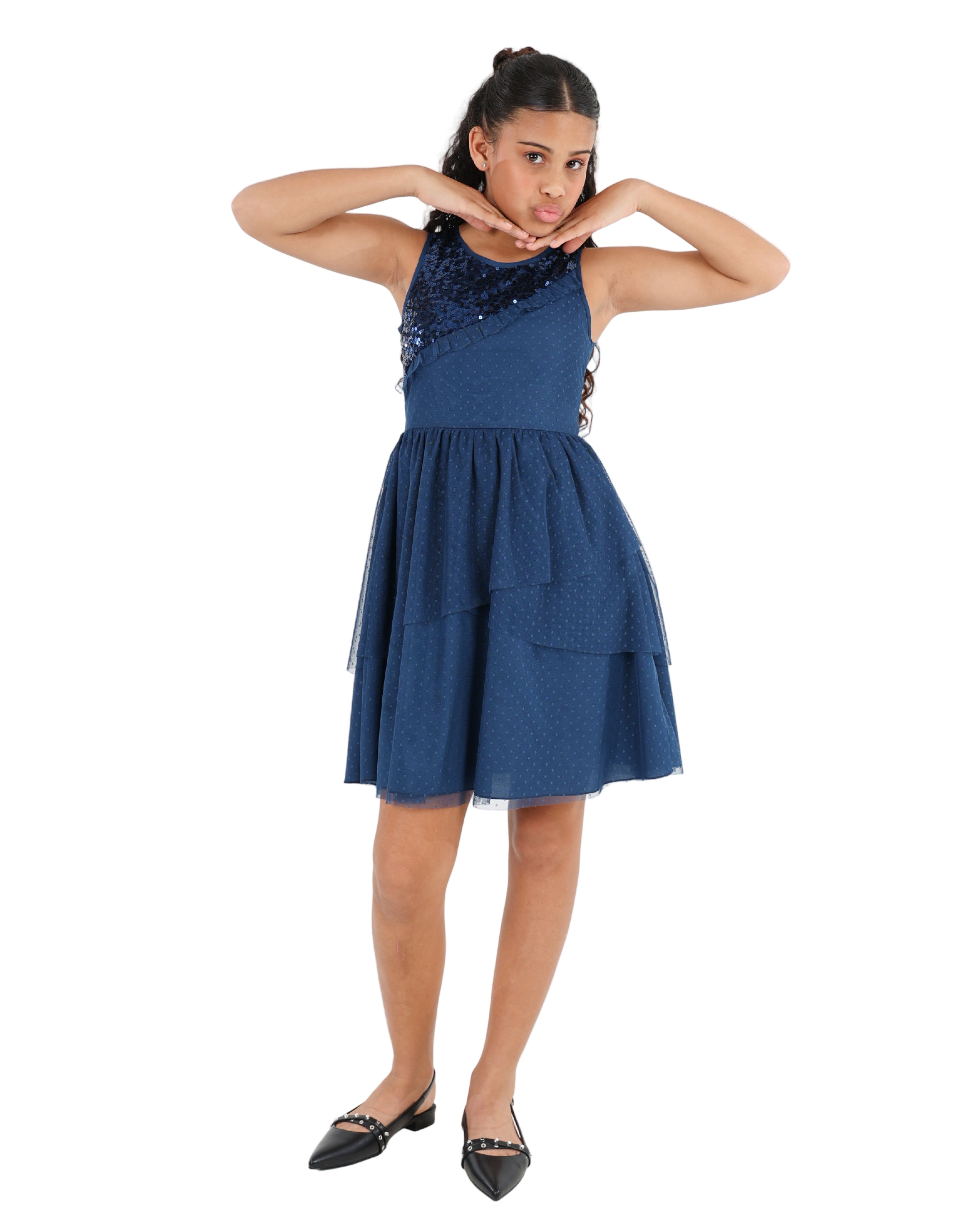 Sleeveless Navy Sequin Inset Party Dress