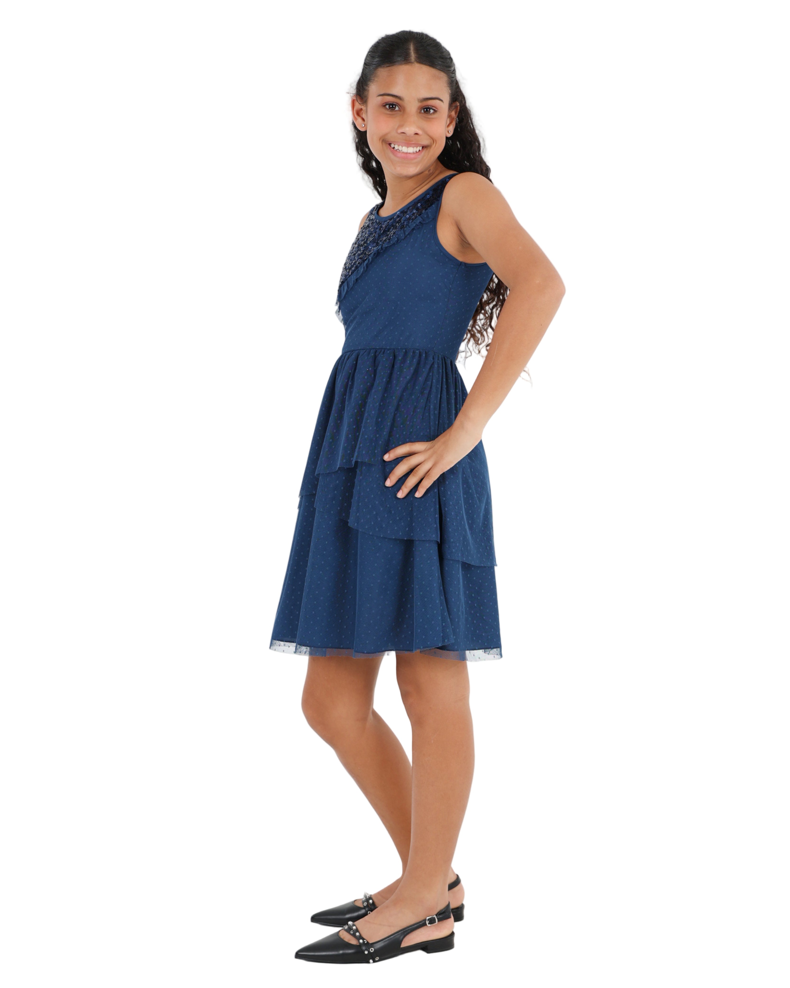 Sleeveless Navy Sequin Inset Party Dress