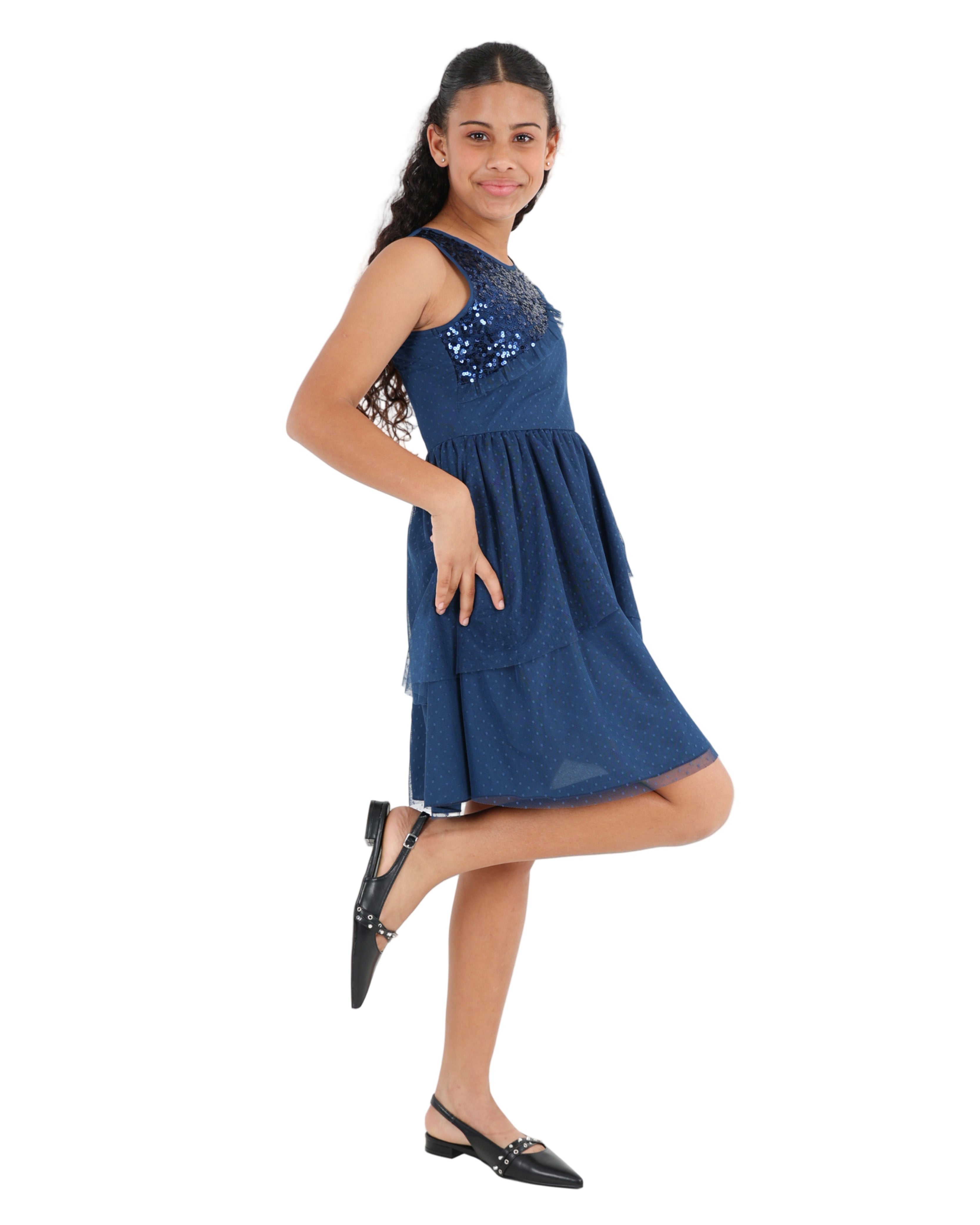 Sleeveless Navy Sequin Inset Party Dress