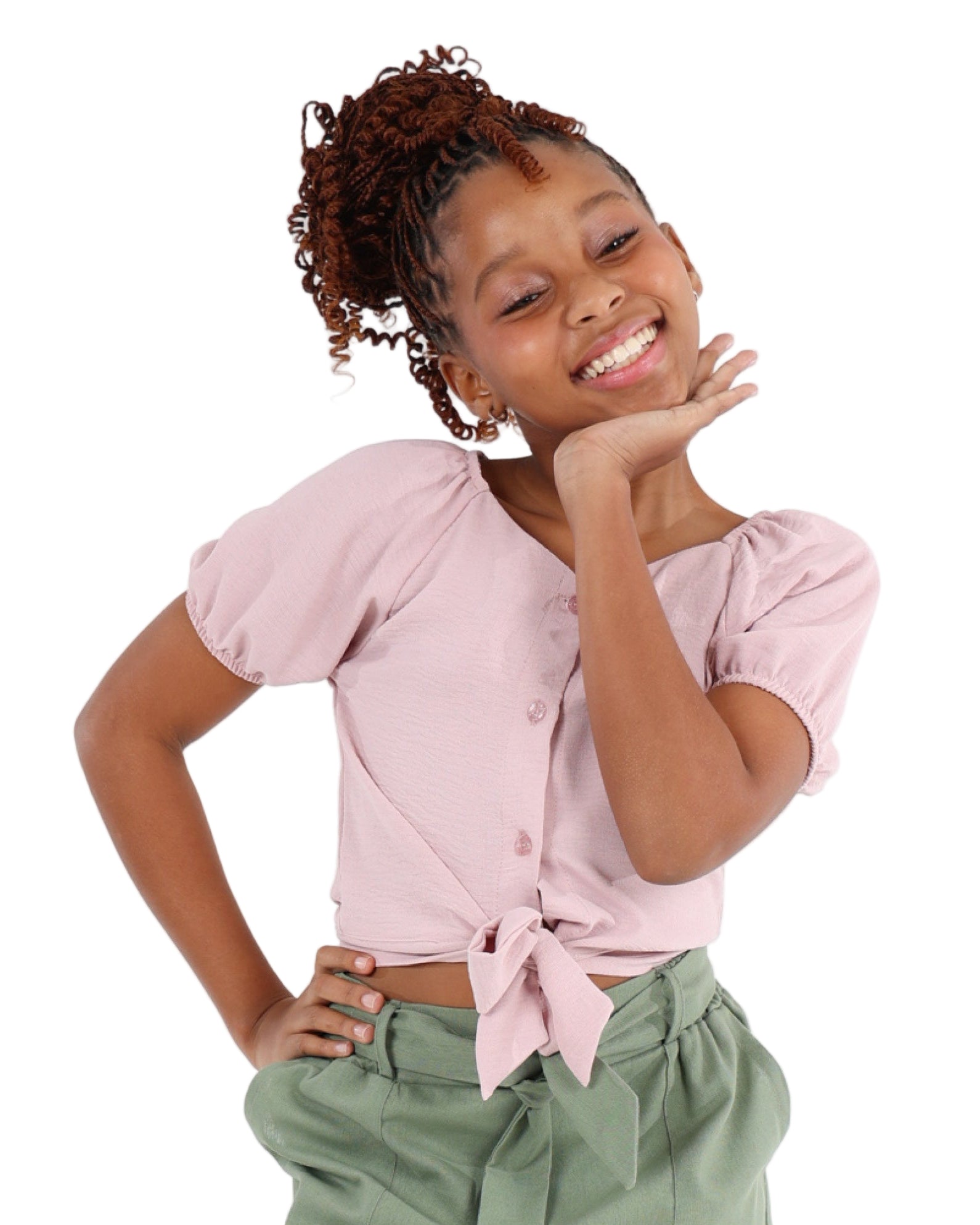 Short Puff Sleeve Tie Front Shirt