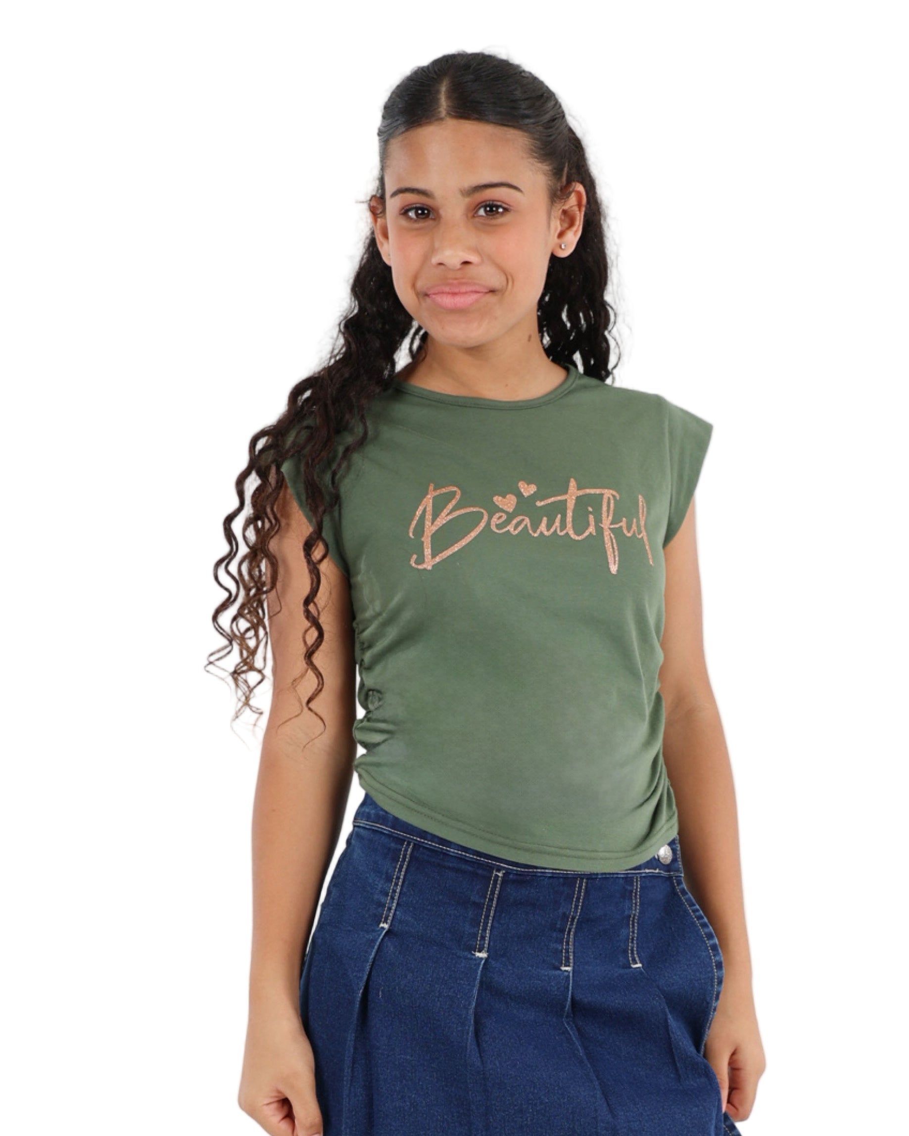 Cap Sleeve Graphic Print Top With Side Ruching