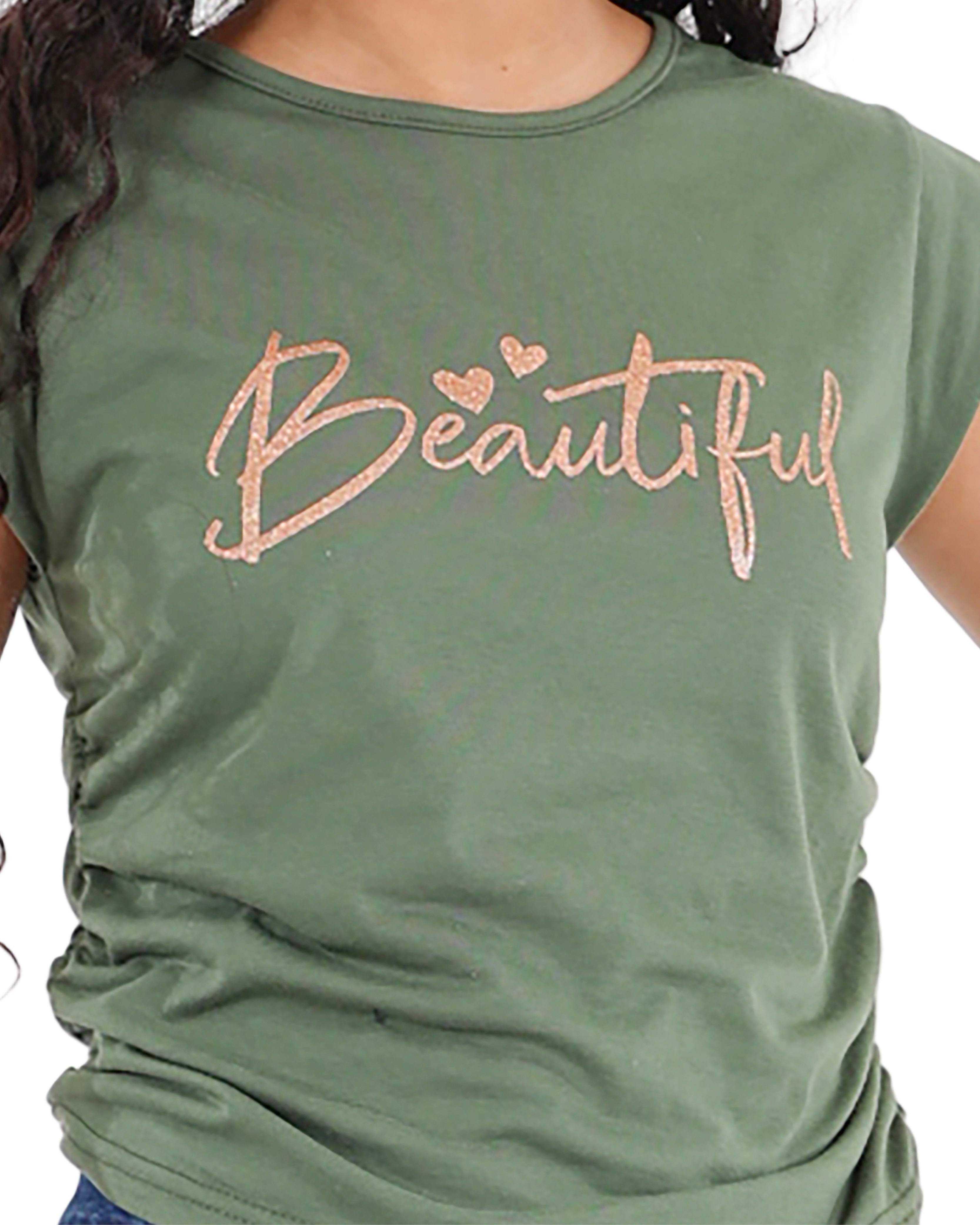 Cap Sleeve Graphic Print Top With Side Ruching