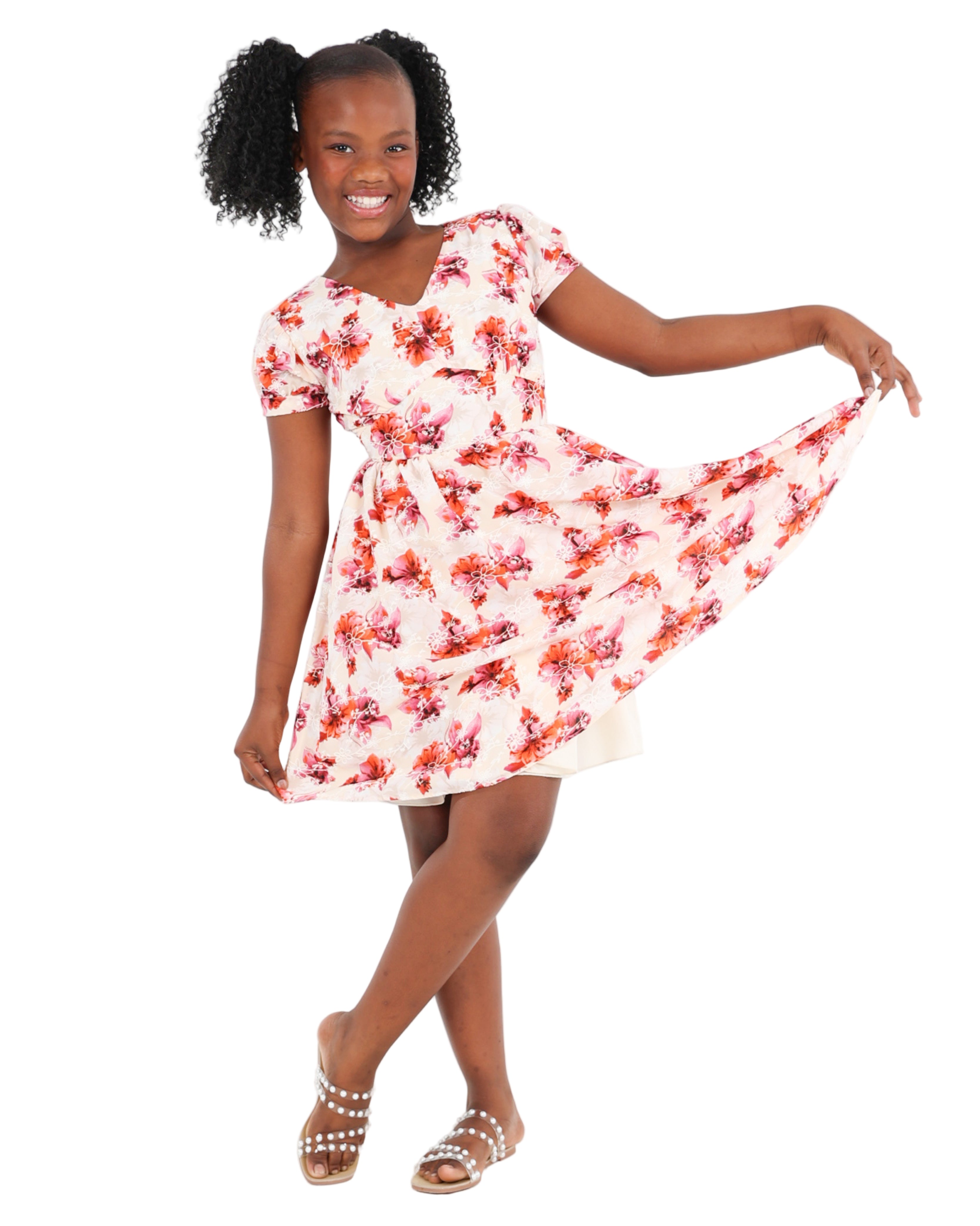 Short Sleeve Puff Print Knee Length Dress