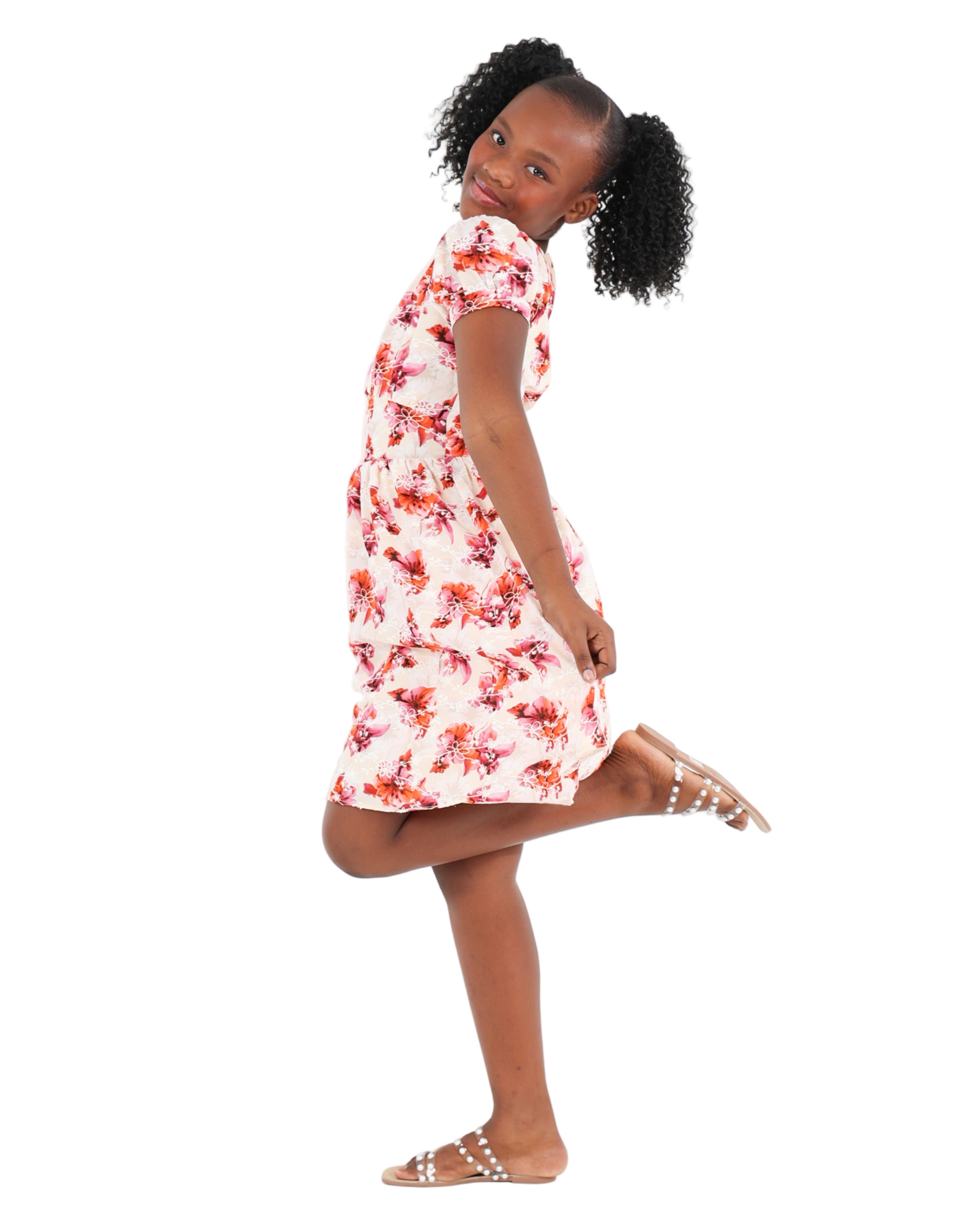 Short Sleeve Puff Print Knee Length Dress