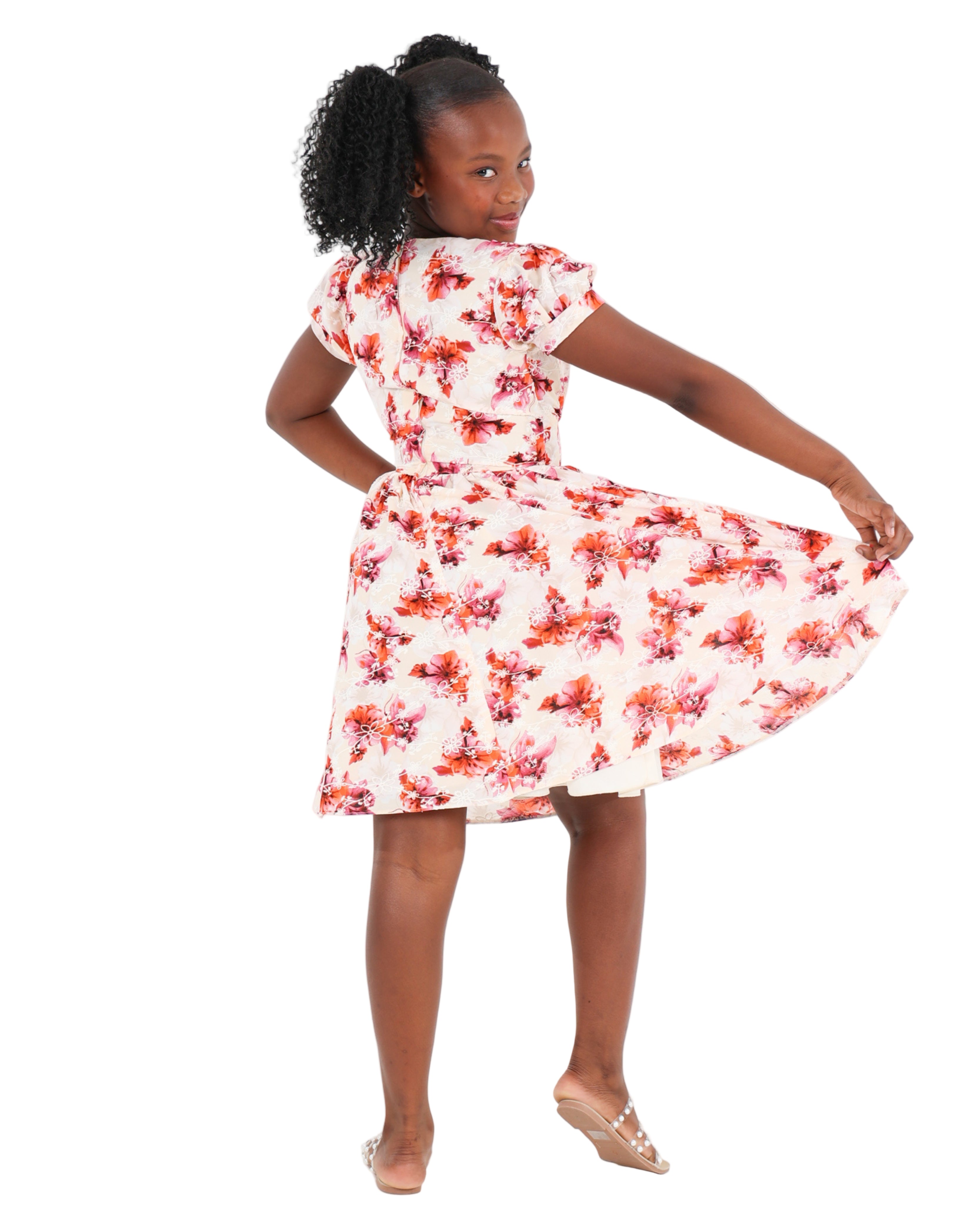 Short Sleeve Puff Print Knee Length Dress