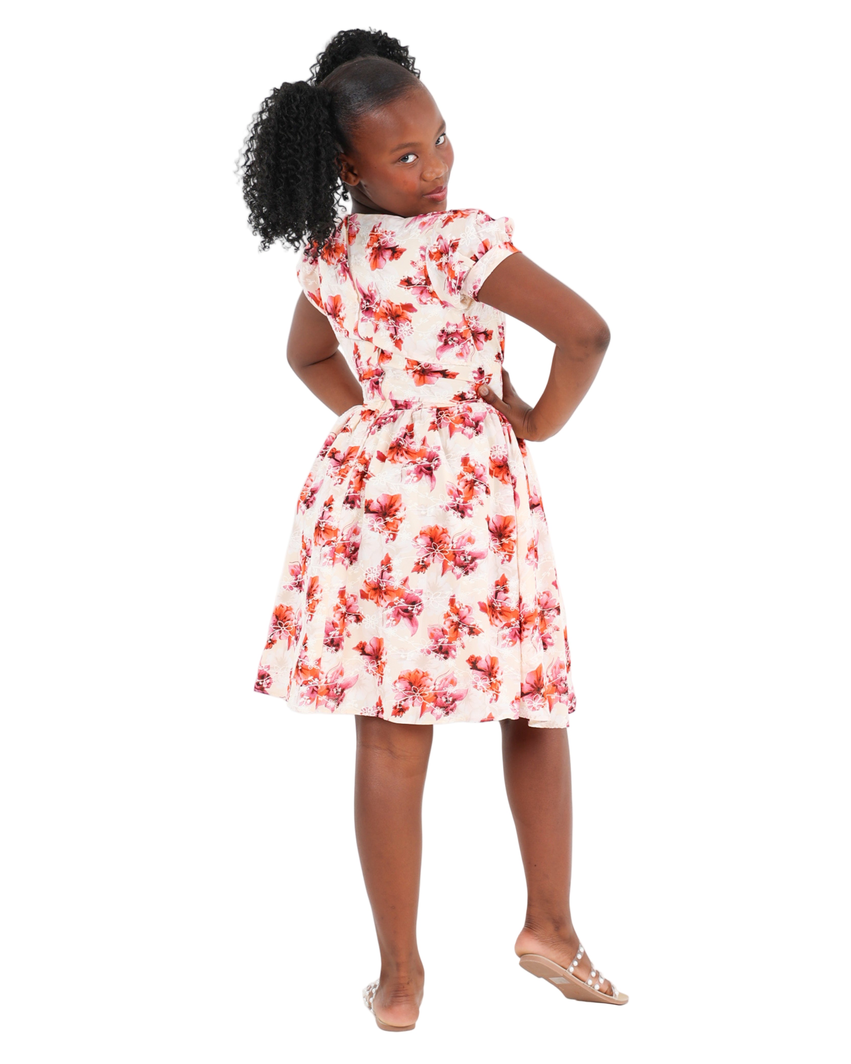 Short Sleeve Puff Print Knee Length Dress