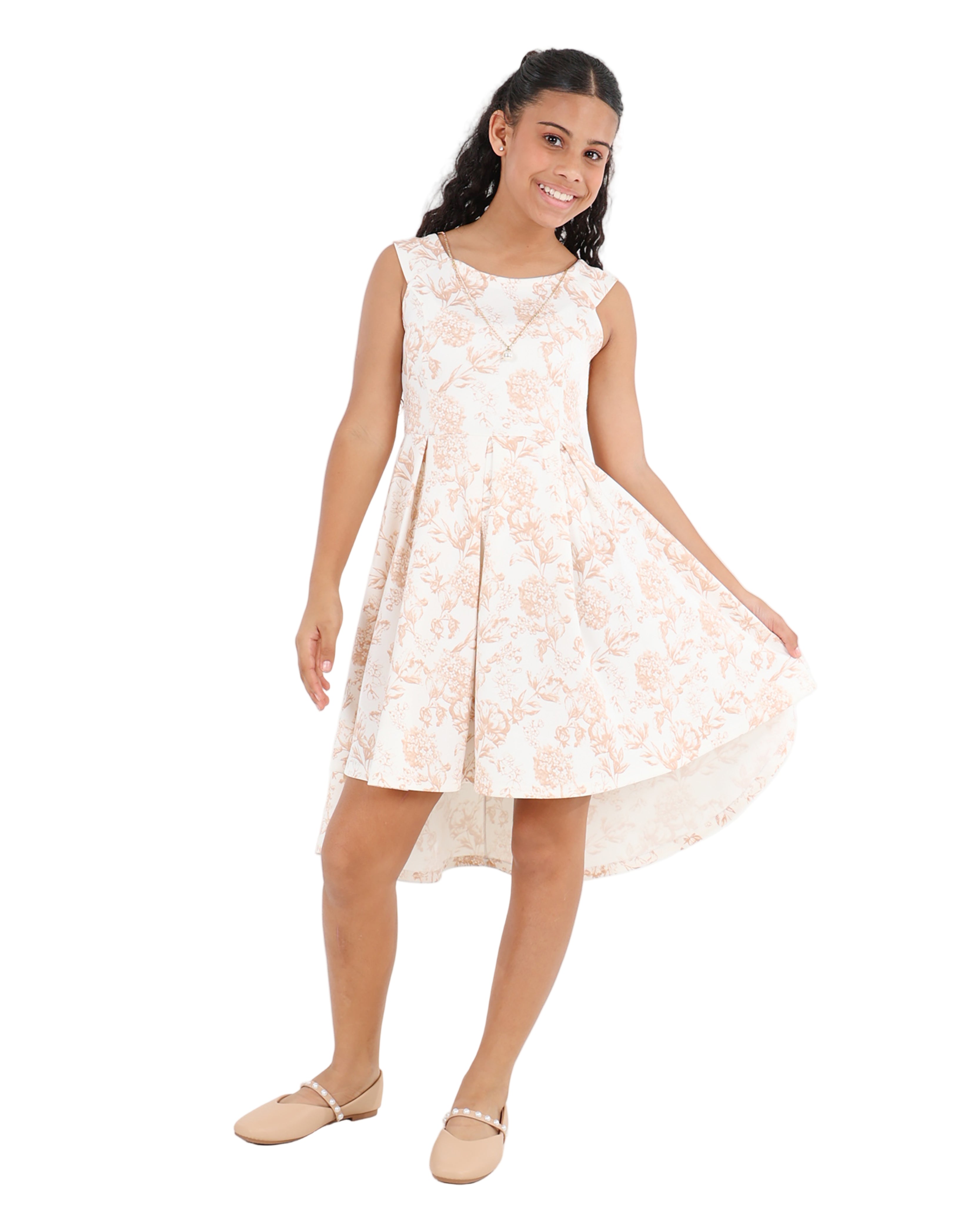 Stone Sleeveless High Low Floral Print Dress