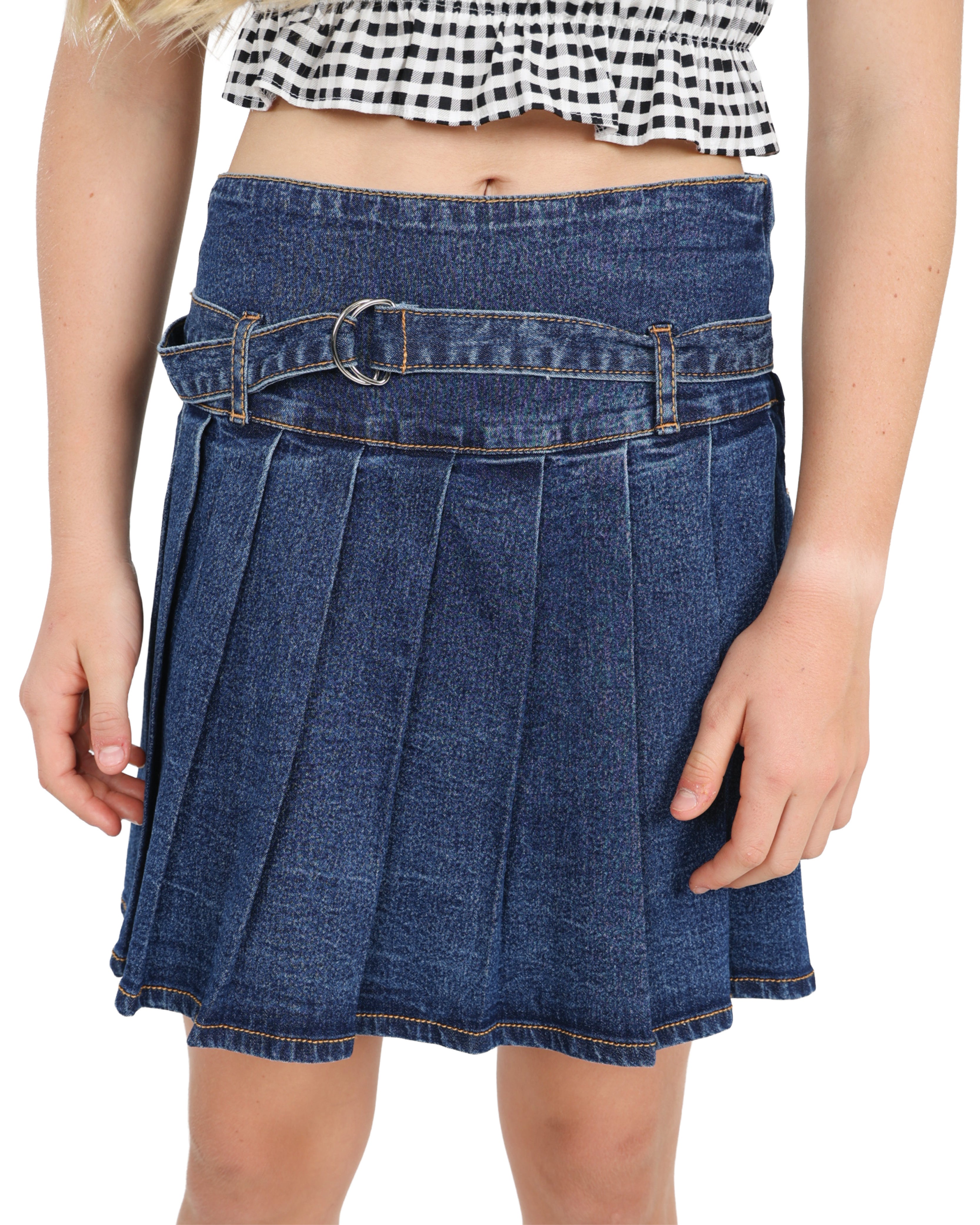 Snow Wash Denim Pleated Skirt