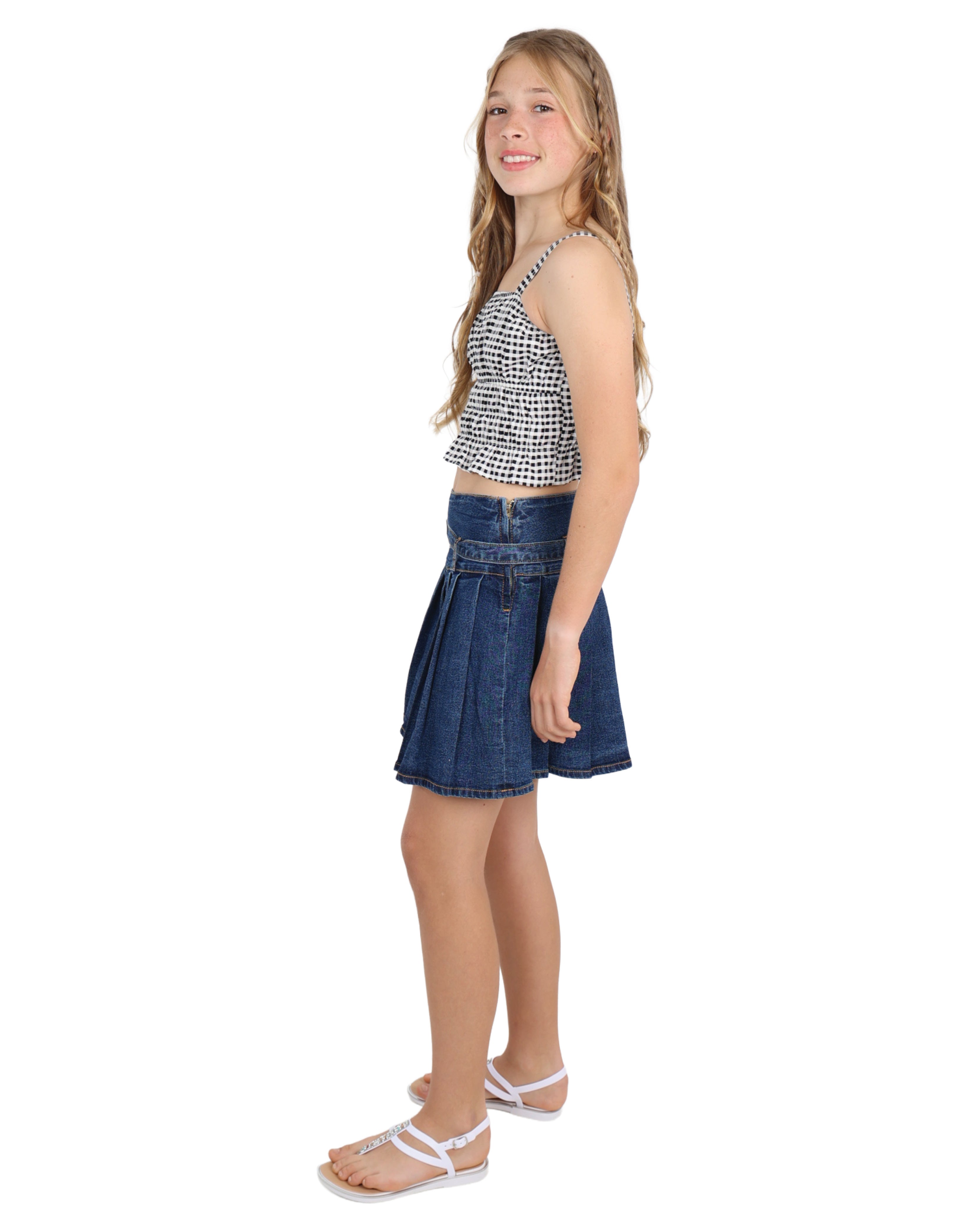 Snow Wash Denim Pleated Skirt