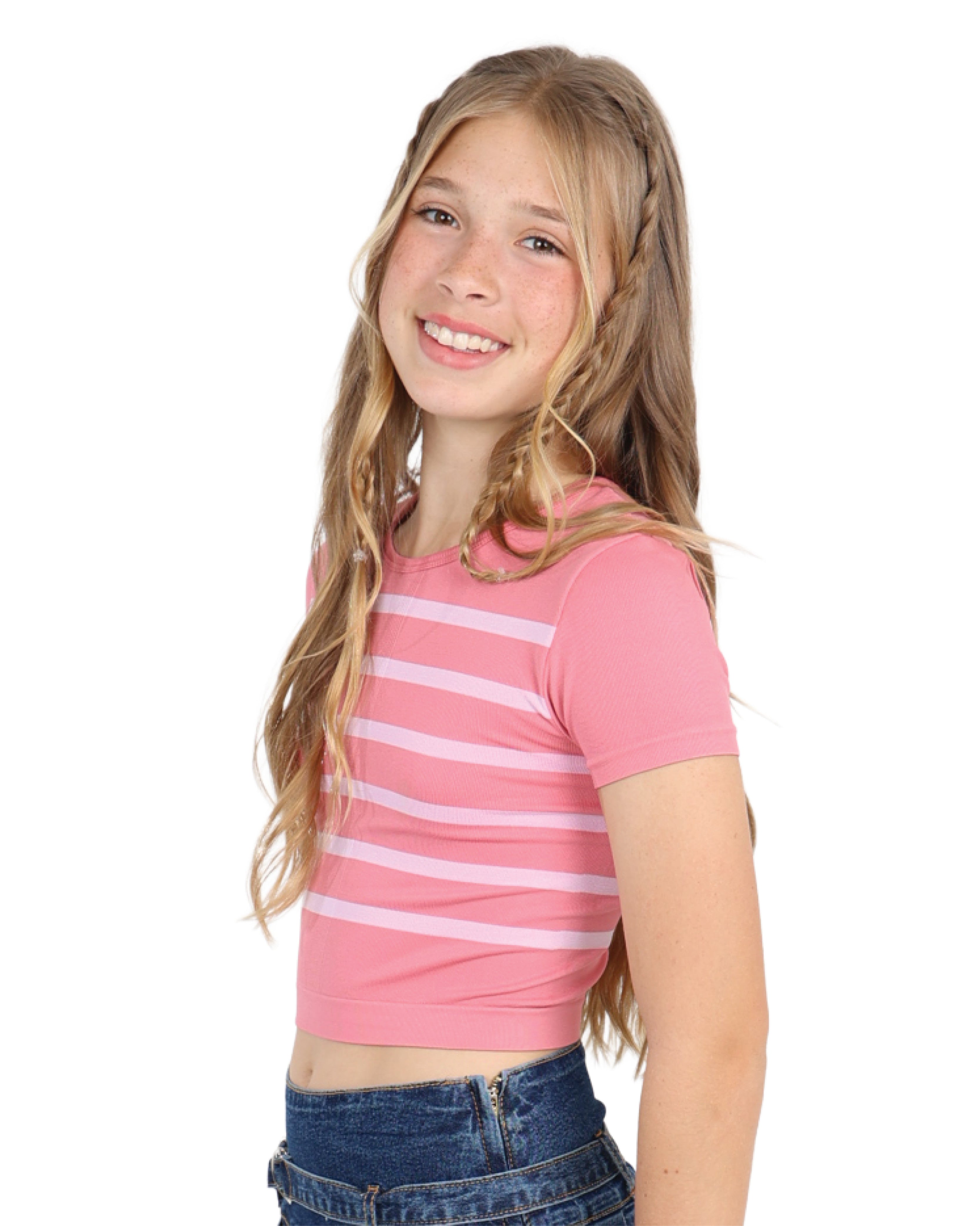 Pink Stripe Short Sleeve Seamless Crop Top