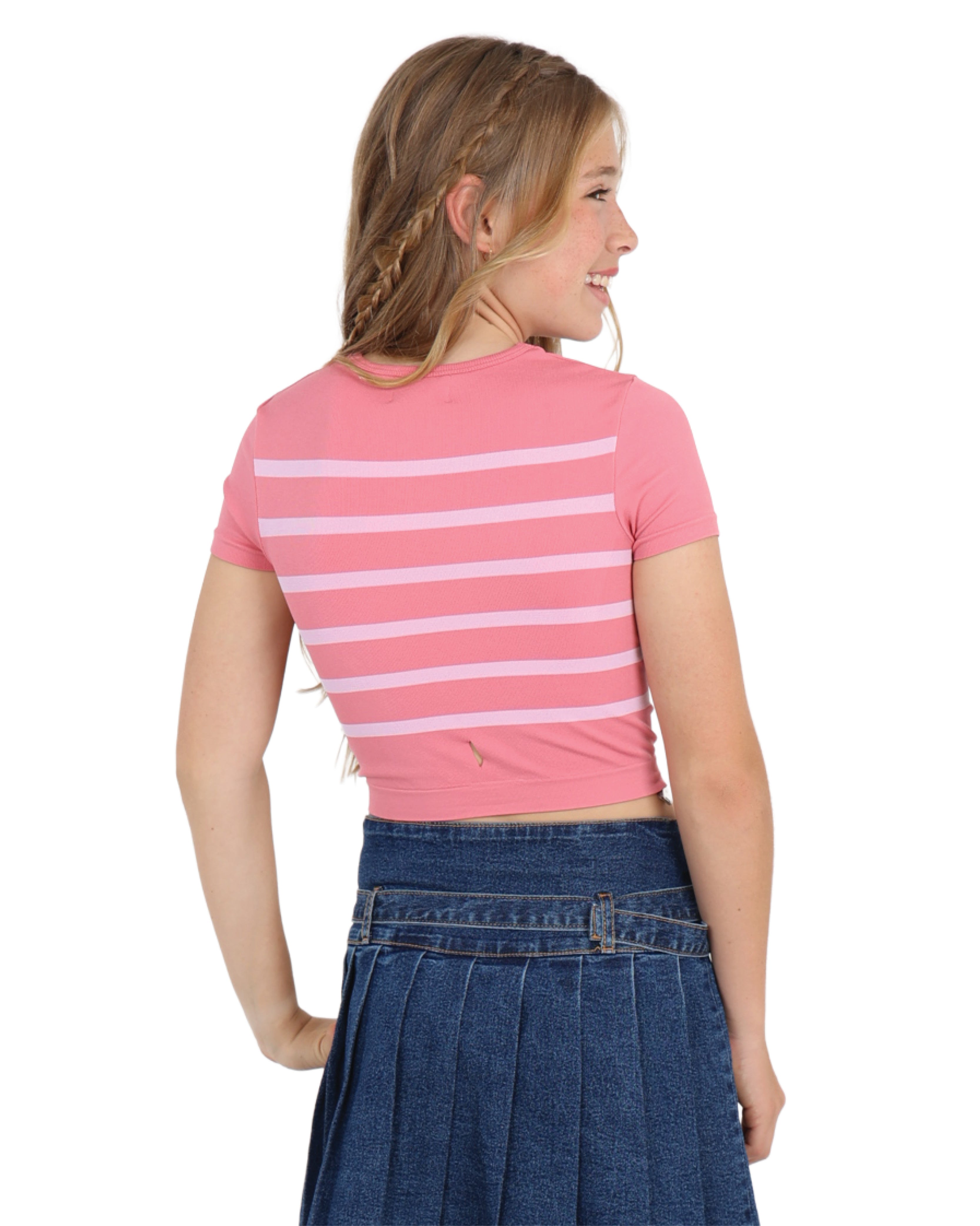 Pink Stripe Short Sleeve Seamless Crop Top