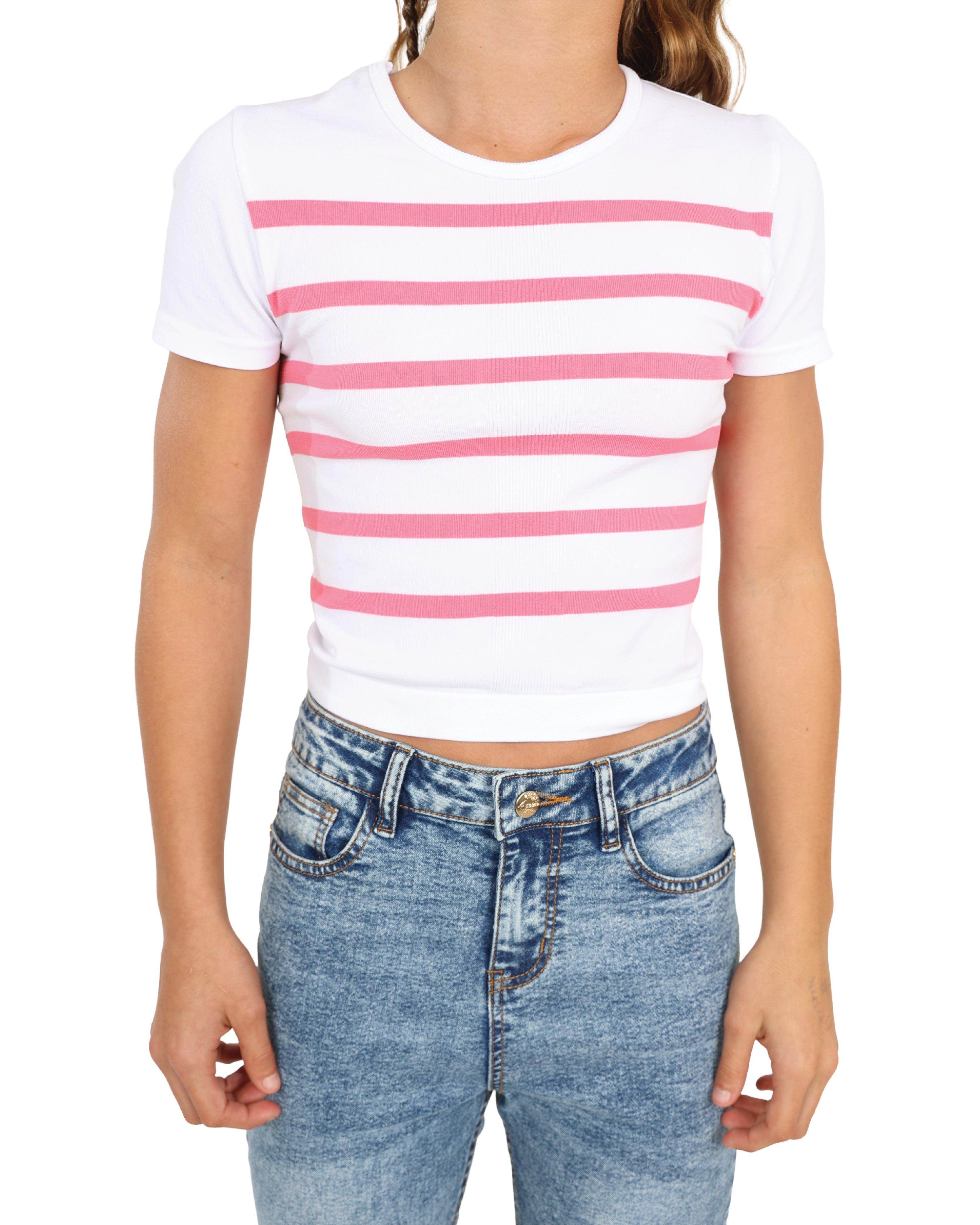 White Stripe Short Sleeve Seamless Crop Top