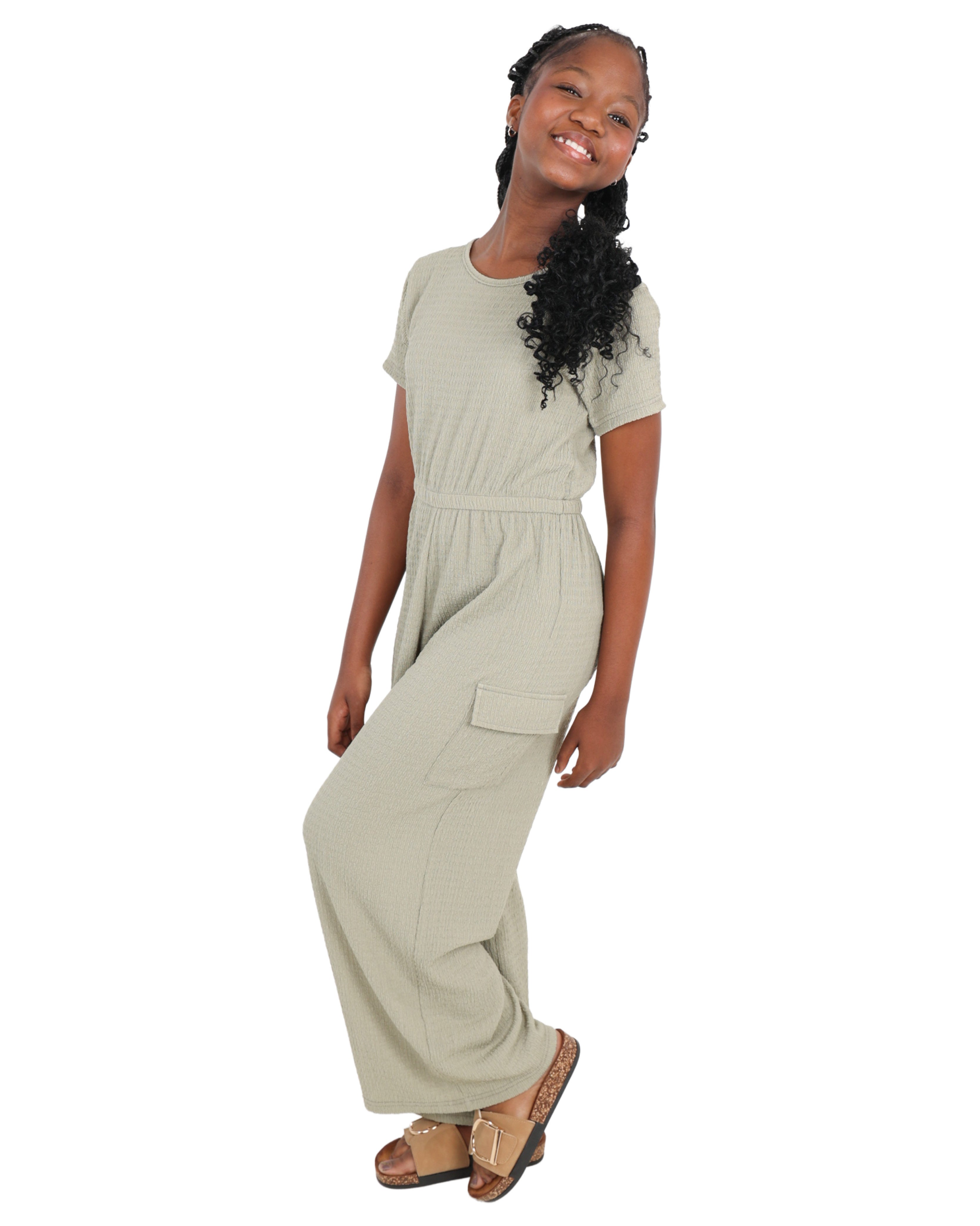Textured Green Cargo Jumpsuit