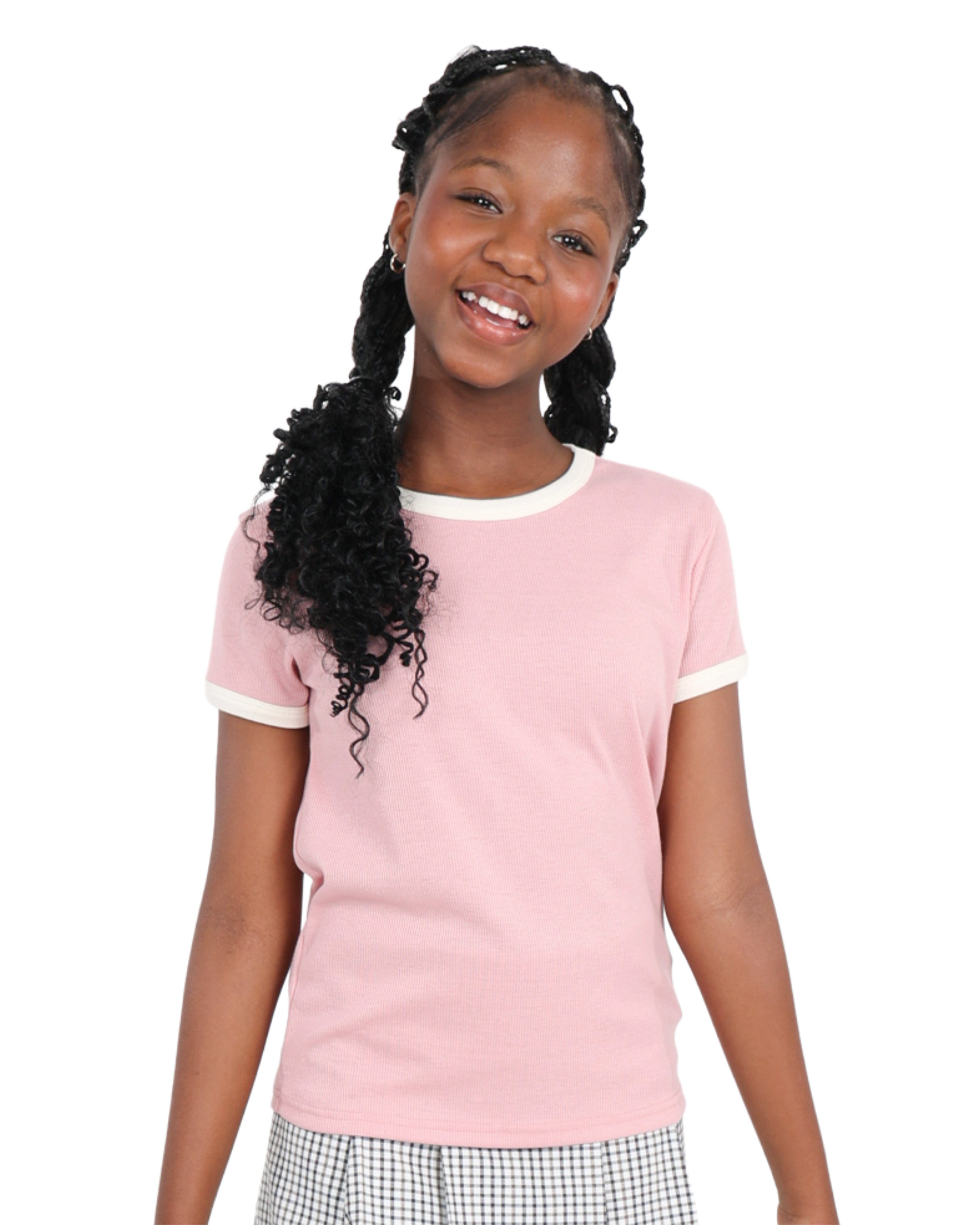 Pink Short Sleeve Contrast Ribbed T-Shirt