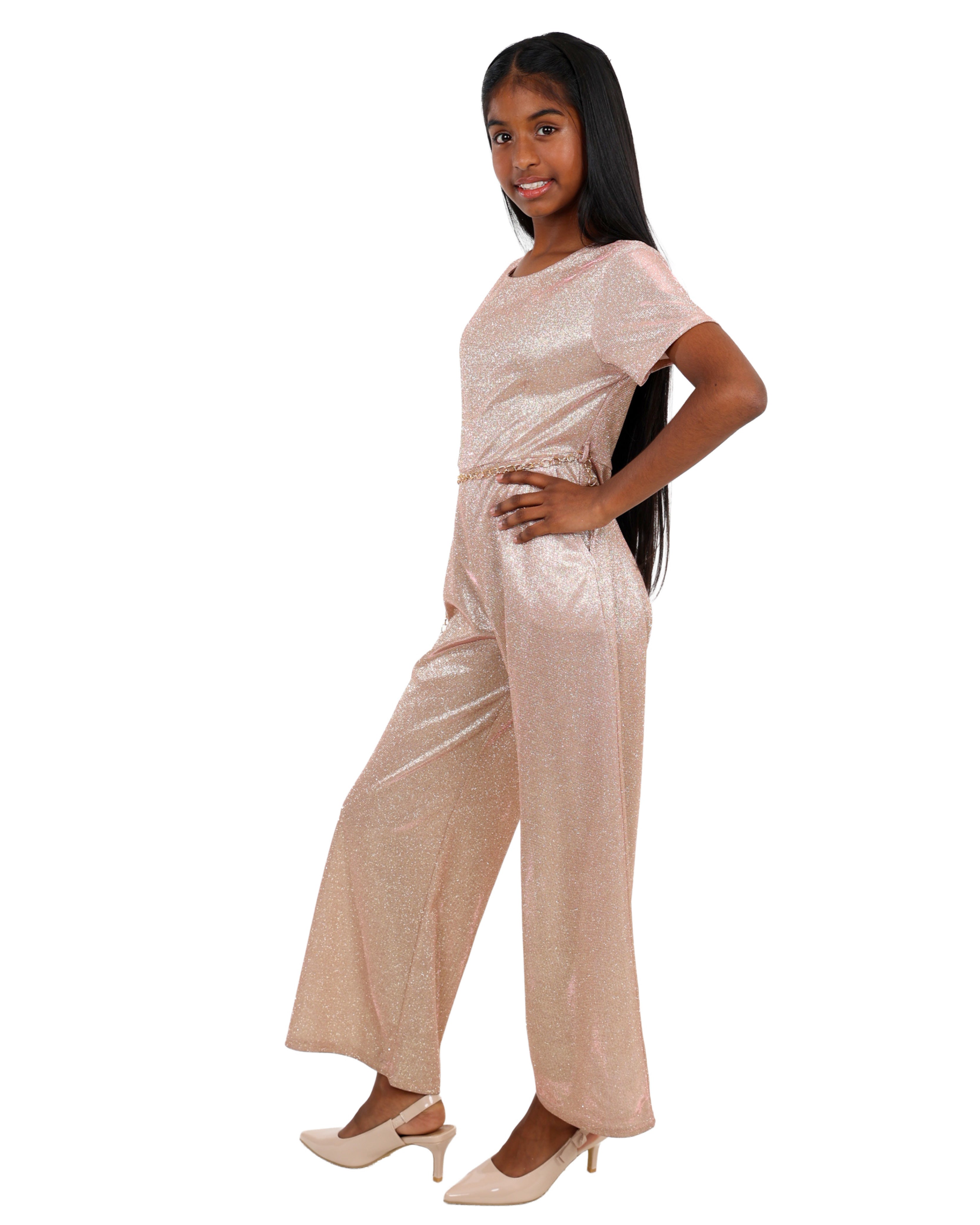 Gold Shimmer Jumpsuit with Chain Belt